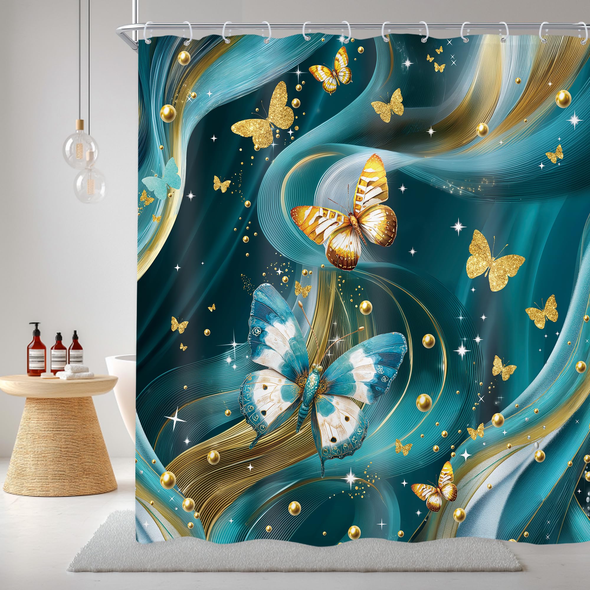 Newsely Teal Gold Marble Shower Curtain 60Wx72L Inch Abstract Modern Butterfly Ombre Fluid Luxury Texture Minimalist Bathroom Set Aesthetic Waterproof Bath Decoration Accessories Home Decor