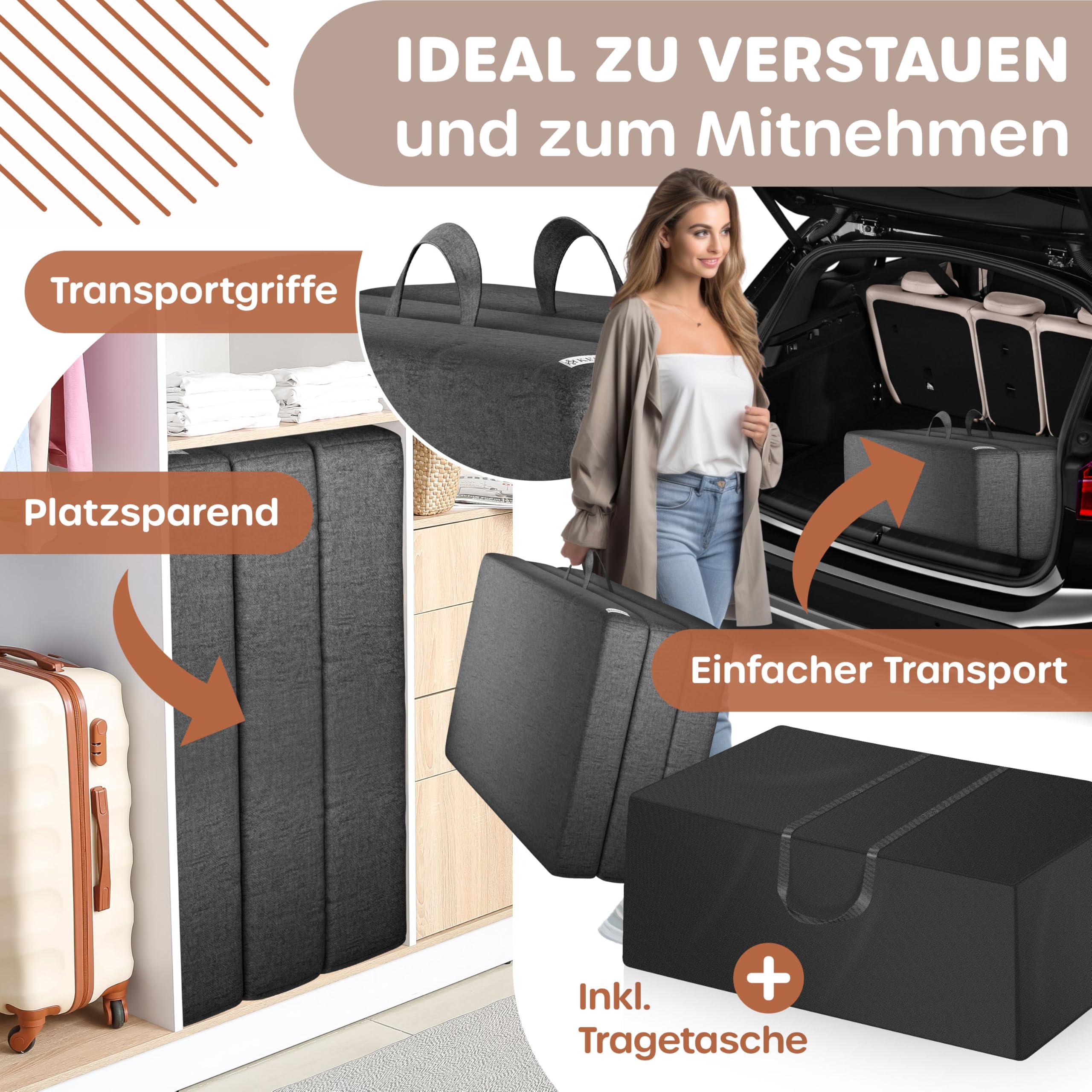 KESSER® Colchón plegable de 120 x 195 x 15 cm, colchón para invitados plegable en 3 partes para taburete, colchón de espuma de 25 kg/m³, extragrueso, 15 cm, transpirable, lavable, funda extraíble