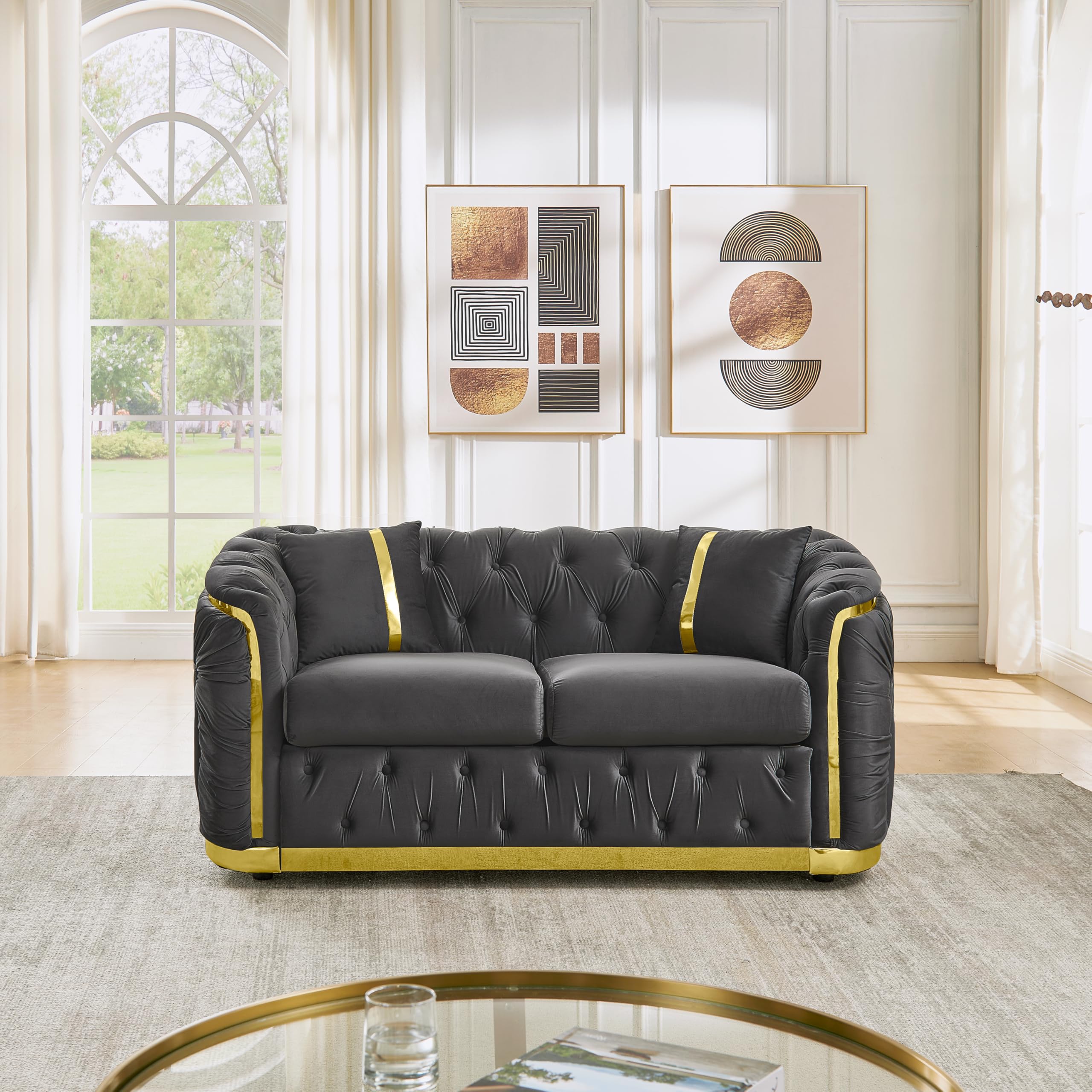 KEIKI 63" Luxury Oversized Velvet Chesterfield Sofa with 2 Pillow & Gold Stainless Decoration, Italian Modern Style 2-Seater Button Tufted Couch with