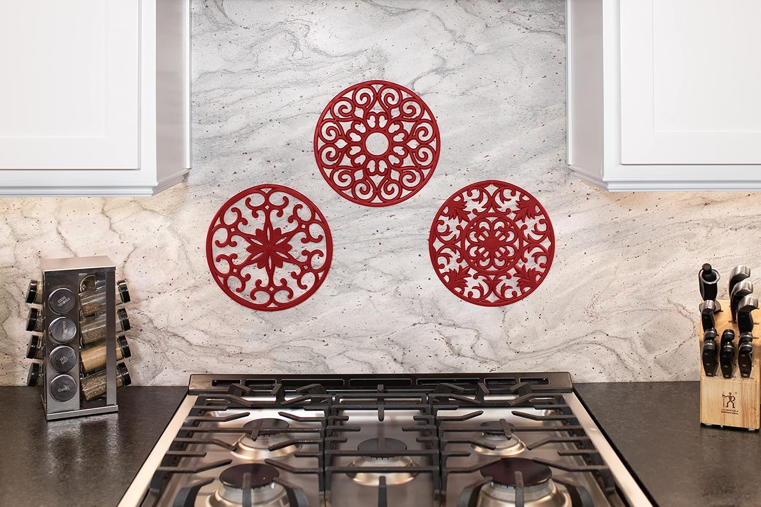 Bundle – 2 Items: GASARÉ, 1 Rectangular Silicone Trivet, 3 Trivets for Hot Dishes, Pots and Pans, Hot Pads for Kitchen Countertops, Extra Large, Heat Resistant, Thick, Red