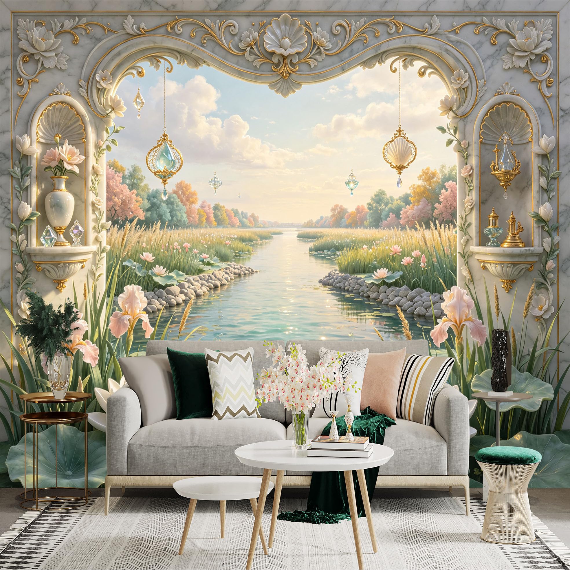 Lnzczhyre Bh260719658 Custom Size Wall Sticker Mural， Elegant Marble Archway With Blooming Lotus Pond， Tranquil Landscape， For Wall Decoration， Peelandstick Wall Decals.
