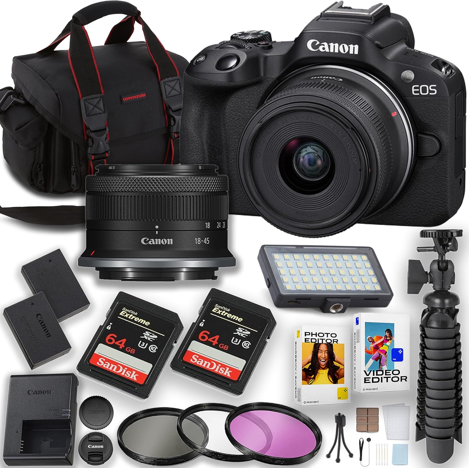 Canon EOS R50 Mirrorless Camera with Canon RF-S 18-45mm is STM Lens and LED Video Light + 2pc 64GB Memory Cards + Tripod + Filters & More (Renewed)