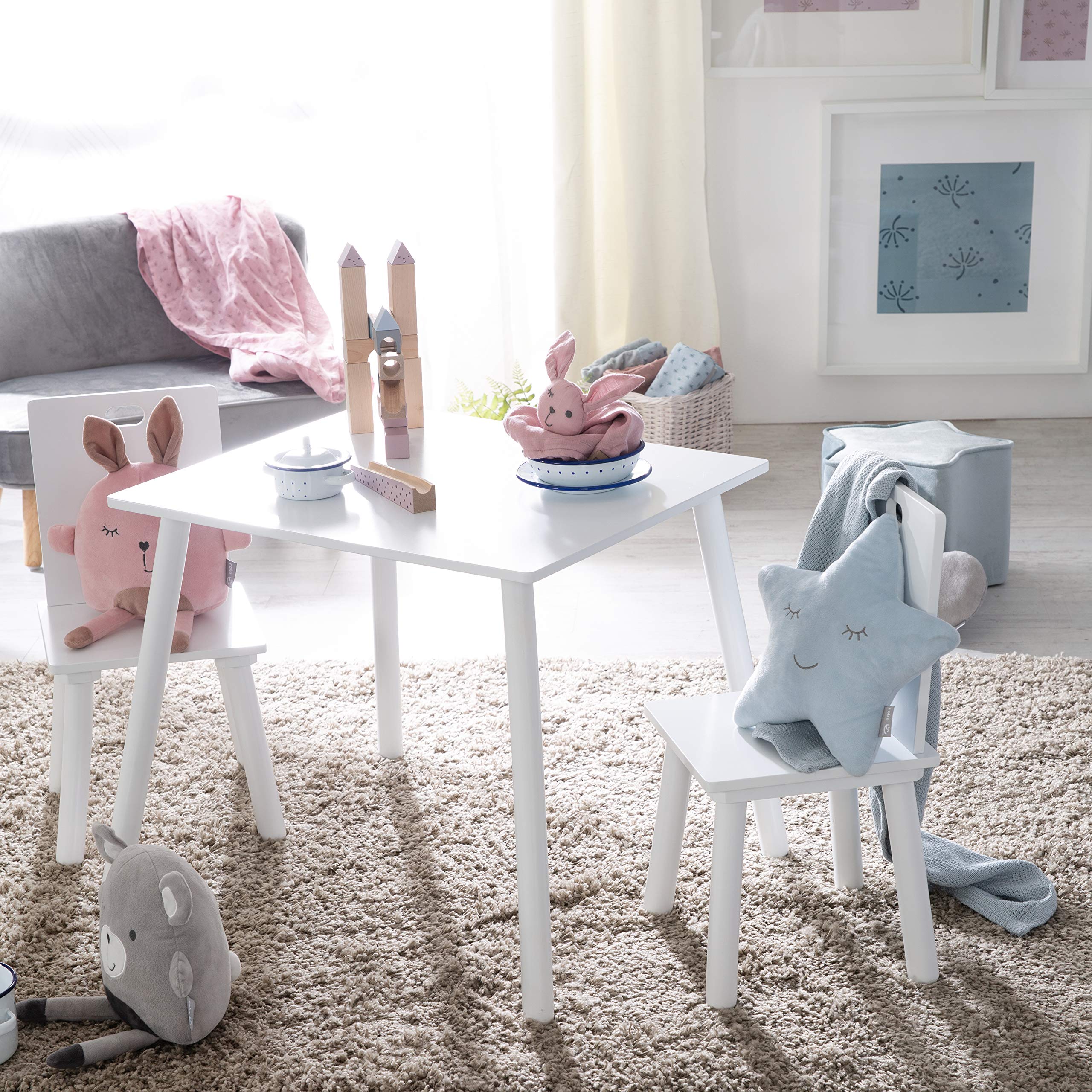 roba Kindersitzgruppe aus Holz - Kindermöbel Set aus 2 Kinderstühlen & 1 Tisch - Kindertisch Set für Kinderzimmer von Jungen & Mädchen - Weiß lackiert
