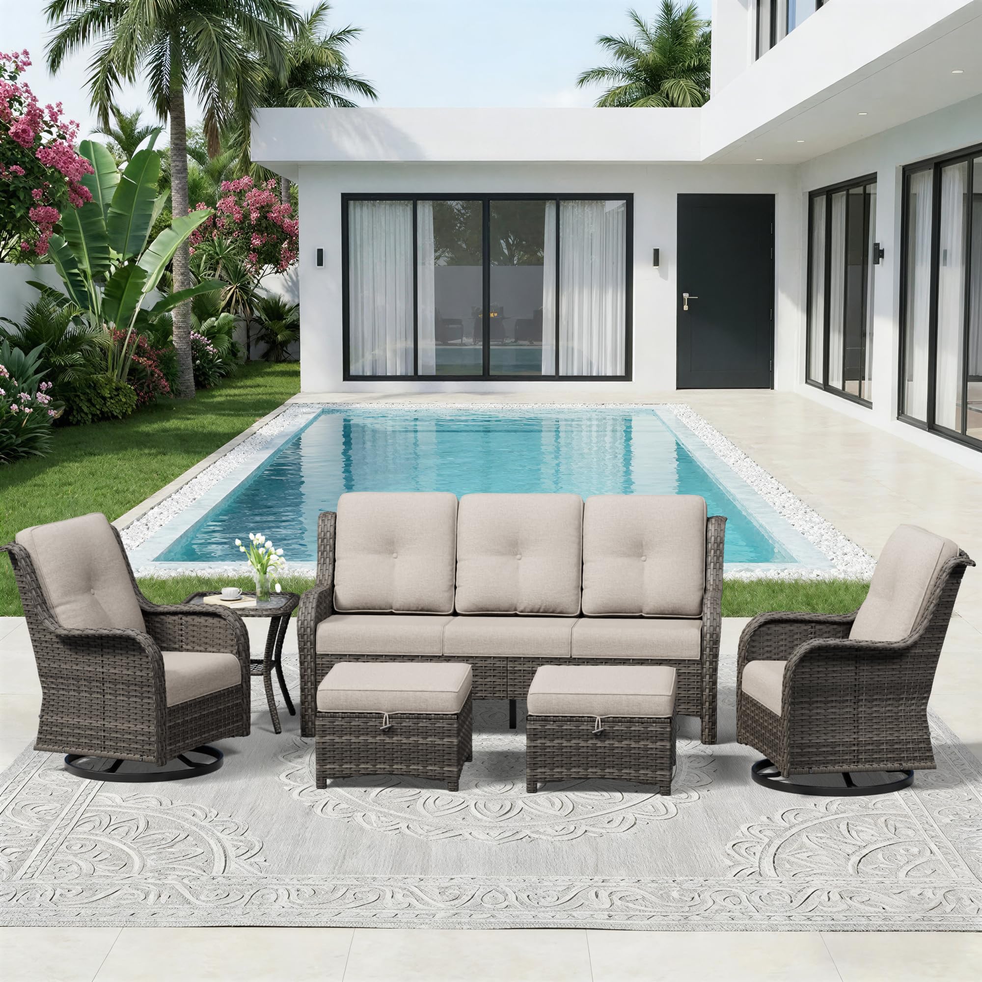 6 Piece Outdoor Wicker Patio Furniture Set, Outdoor Swivel Rocker Patio Chairs Set with Thickened Olefin Cushions, High Back and Deep Seating, Hand-Woven PE Rattan for Porch, Deck