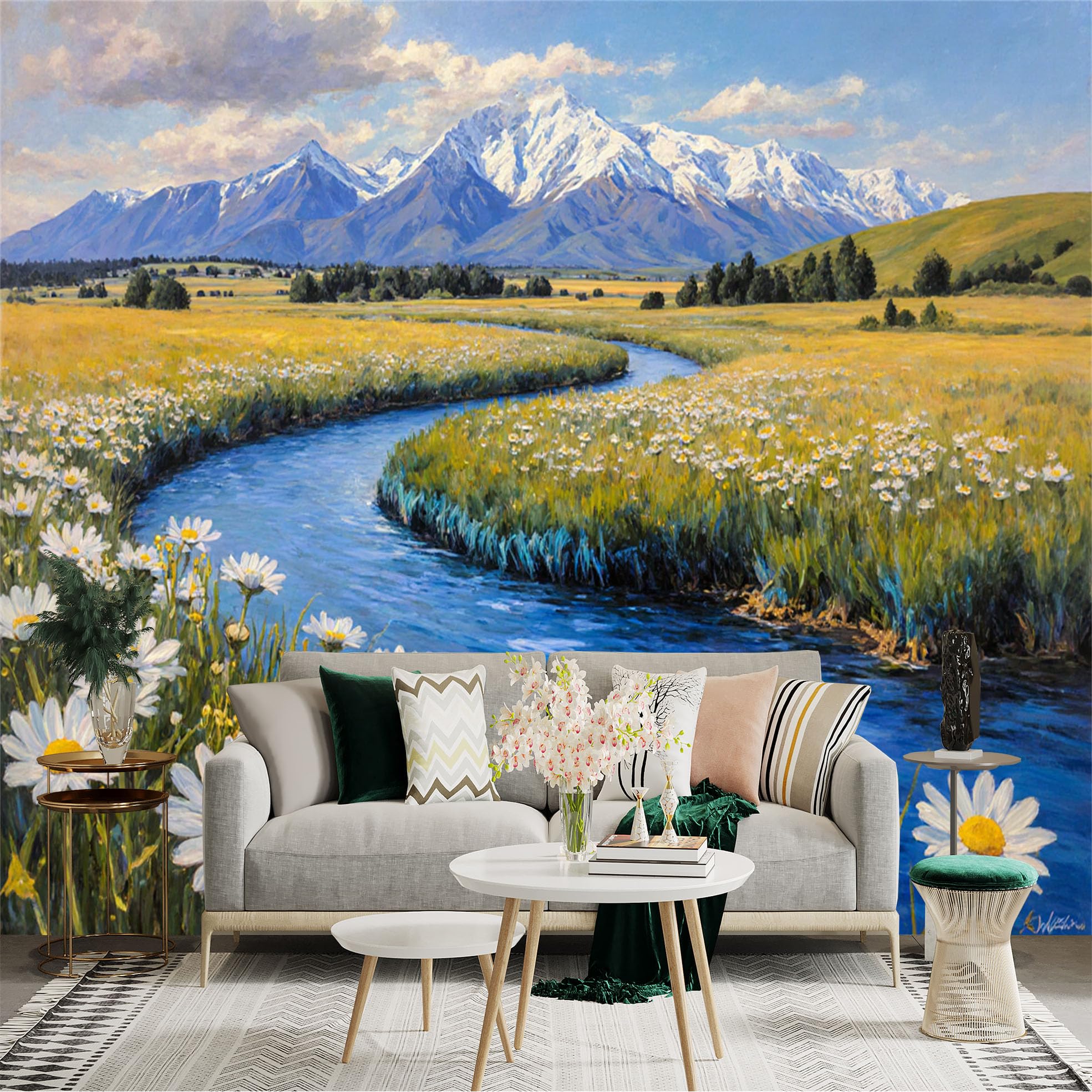 Custom Size Wall Sticker Mural， Scenic Landscape with Snowy Mountains， Winding River， Blooming Wildflower Meadow， Vibrant Nature View， for wall Decoration， peelandstick wall Decals.