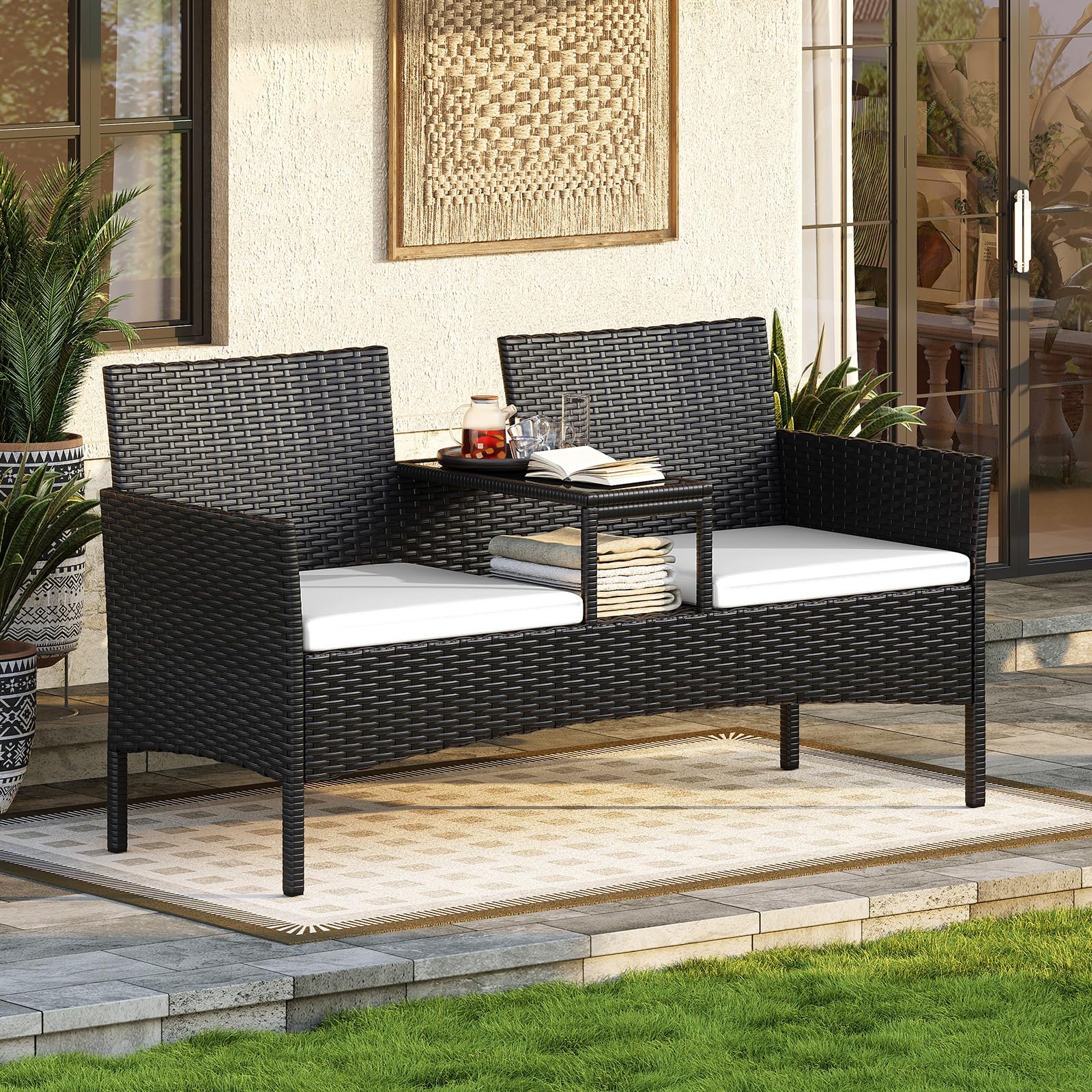 Aoxun 2-Sitzer-Gartenbank aus Rattan, extrabreite Outdoor-Zweisitzerbank mit seitlichem Ablagetisch, bequemes Terrassenmöbel-Set mit Kissen und Regenschutz für Garten, Balkon (Cremefarben)