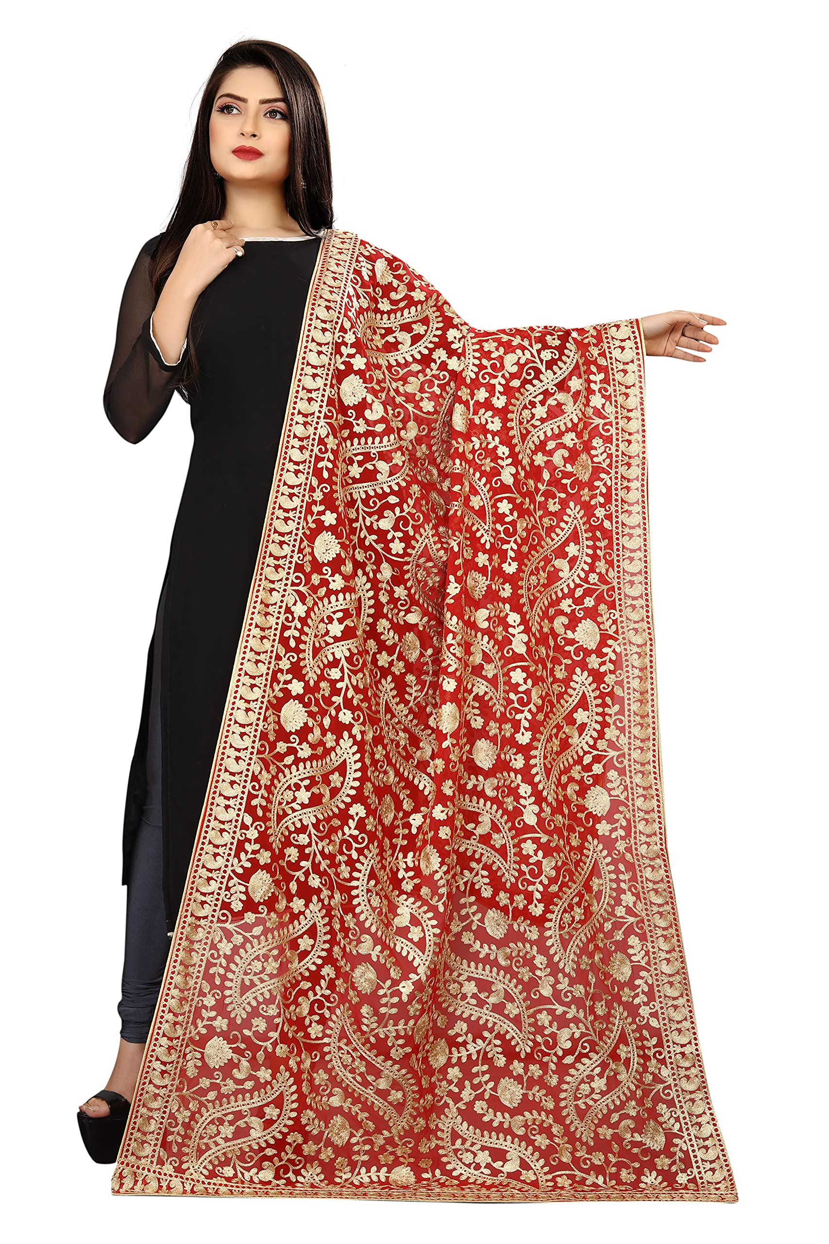 AKSHAR LLC Women's Pure Georgette Embroidered Dupatta- Maroon
