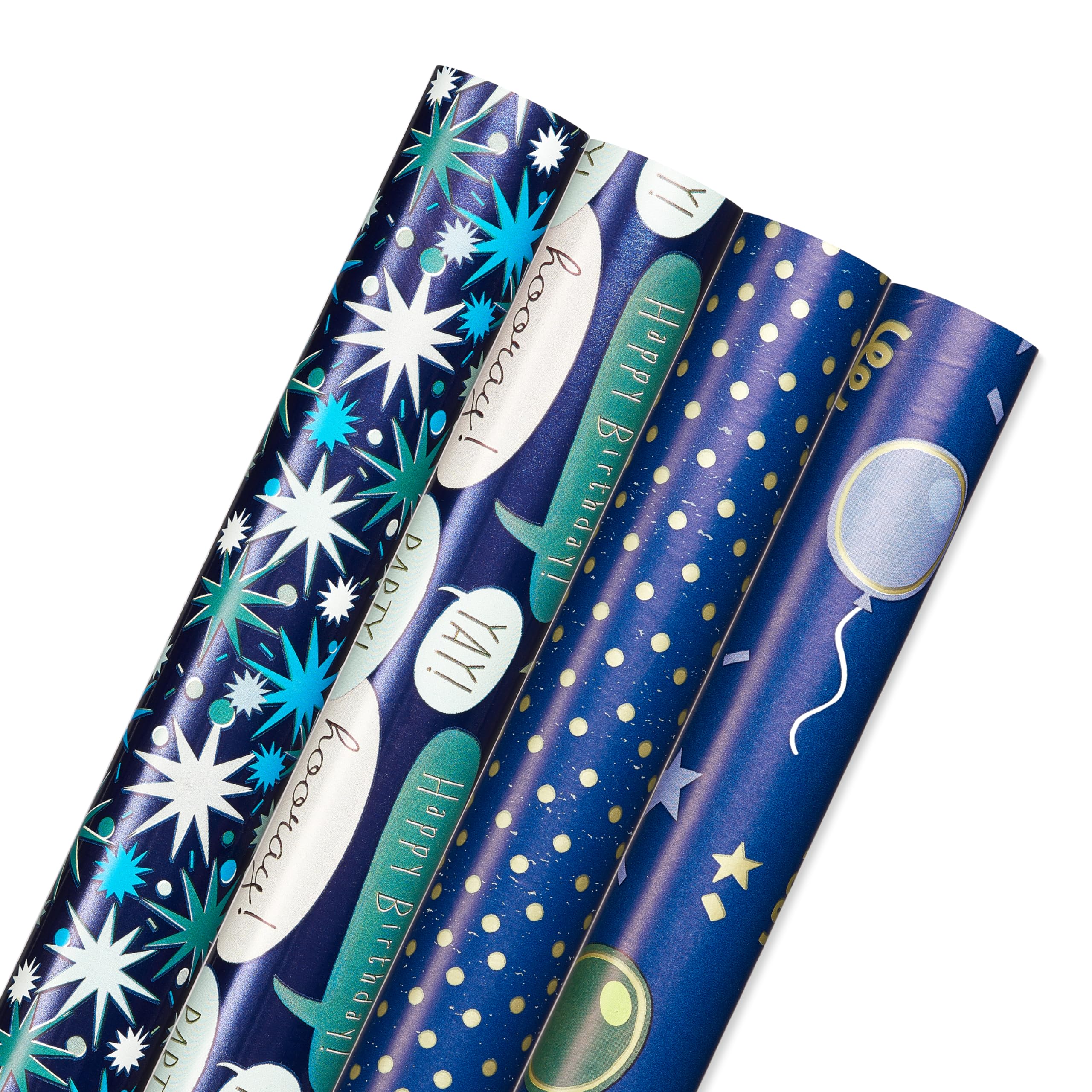 American Greetings Dwustronne opakowanie na prezent, zestaw papieru do pakowania prezentów na urodziny, baby shower i każdą okazję, balony, niebieskie kropki i krata (4 rolki, 76 cm x 4,9 m)