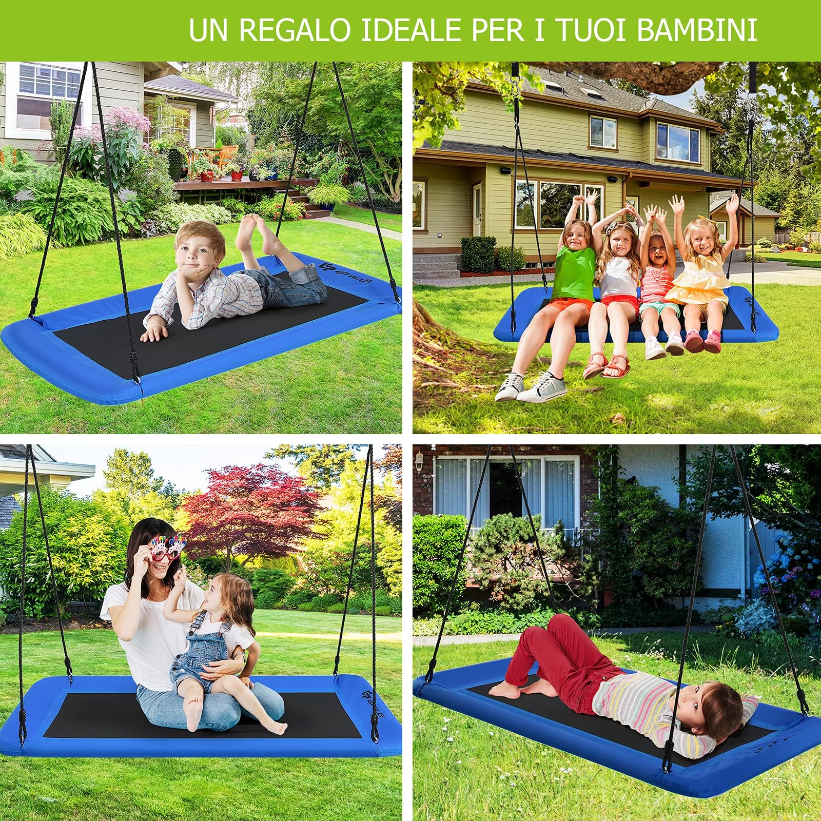 GYMAX Altalene da Giardino per 2-3 Bambini, Sedia Sospesa Grande, Altezza Regolabile, in Tessuto Oxford, Telaio Metallico, Resistente e Impermeabile, Facile da Montare (Blu-1)