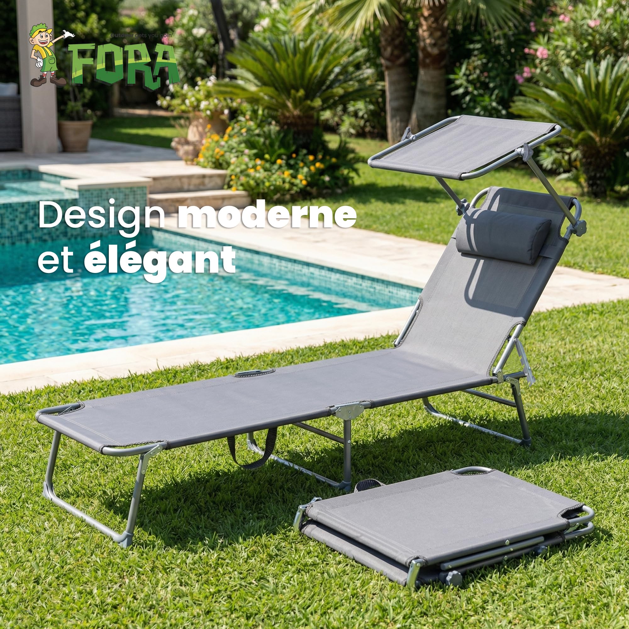 FORA Set de 2 Chaise Longue Pliables avec Coussin - Dossier 3 Positions, Oxford 600D, Sangle de Transport, Couleur Gris