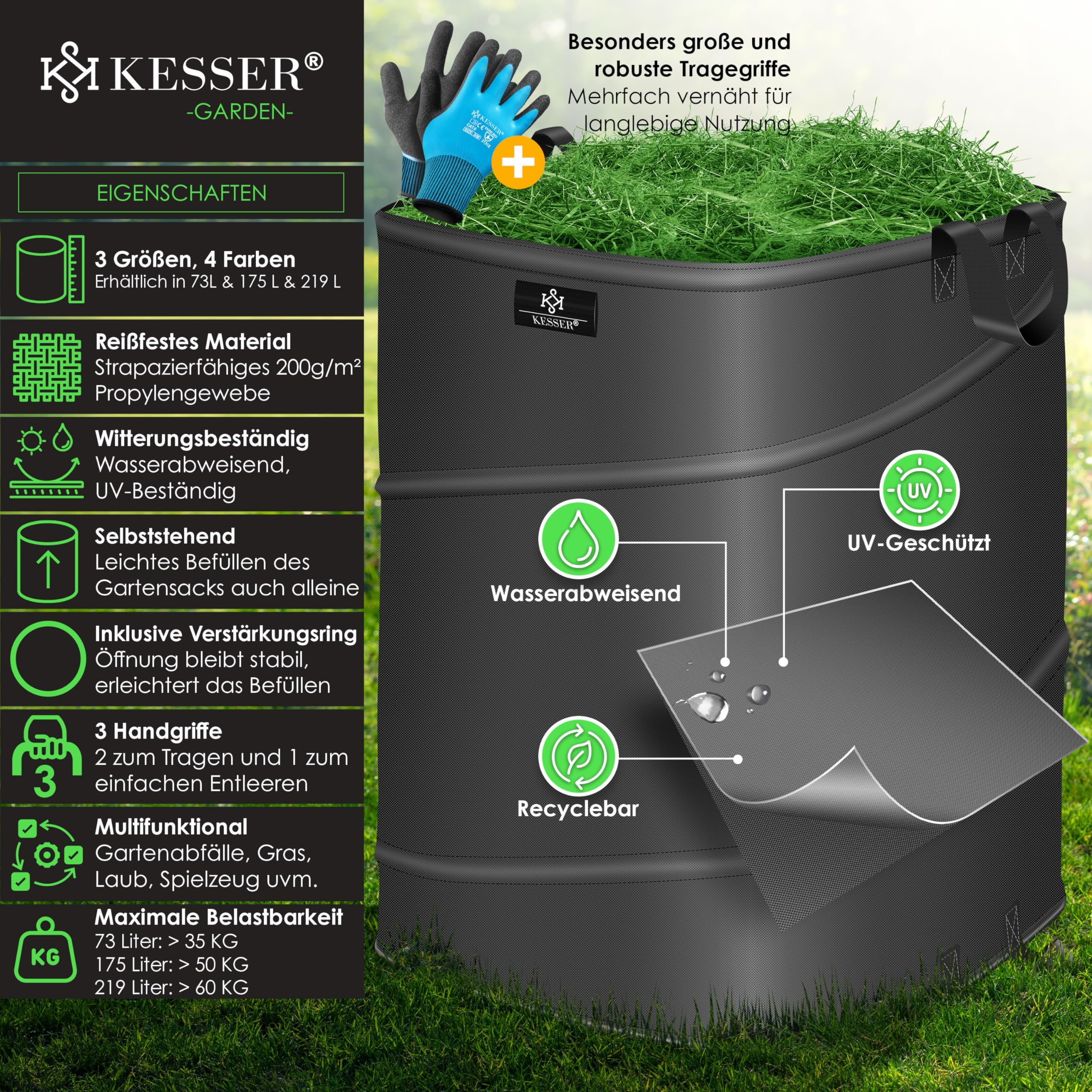 KESSER® Set di Sacchi da Giardino Pop-up - 4x 175 Litri, Sacco per Rifiuti da Giardino con Guanti, Autoportante con Maniglie, Robusto, Robusto e Richiudibile, Antracite/Nero