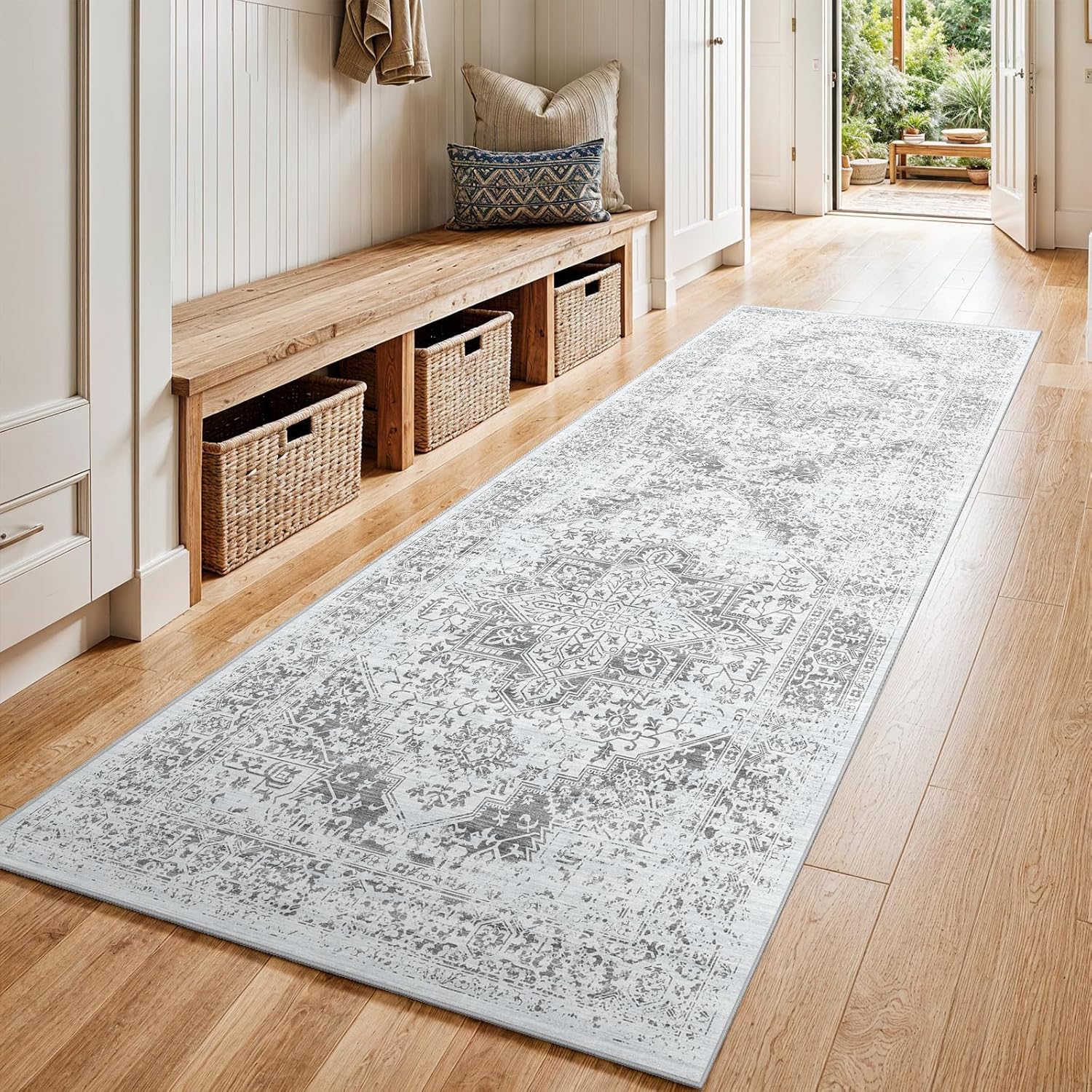 3x8 Hallway Runner Rug: Lightweight Soft Washable Kitchen Runner with Non Slip Backing Foldable Low-Pile Vintage Rug Runner Stain Resistant Carpet for Bathroom Entryway Bedroom (Light Gray,3x8)