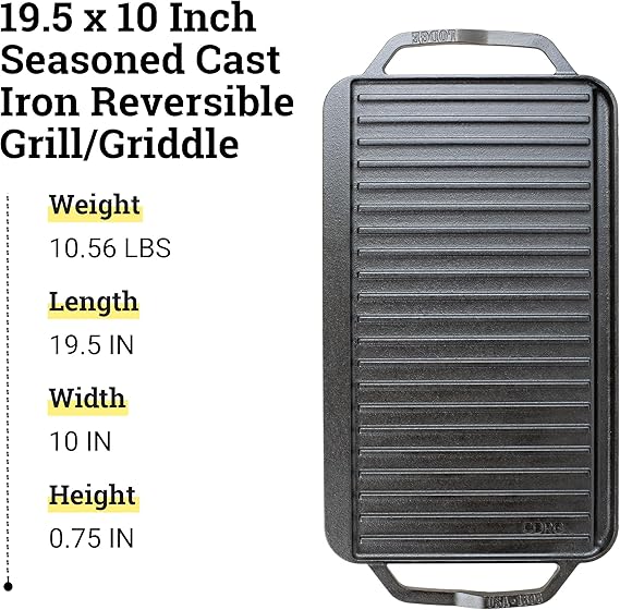 Lodge 19.5 X 10 Cast Iron Reversible Grillgriddle - Double Burner Griddle - Indoor & Outdoor Cooking - Superior Heat Retention - Reversible Grill Griddle - Made in the USA