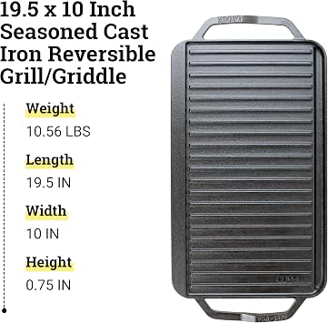 Lodge 19.5 X 10 Cast Iron Reversible Grillgriddle - Double Burner Griddle - Indoor & Outdoor Cooking - Superior Heat Retention - Reversible Grill Griddle - Made in the USA