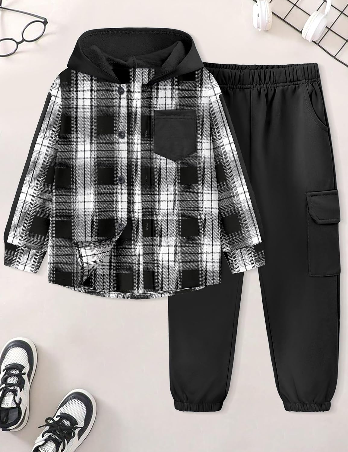 Toddler Boy Clothes Plaid Button Down Long Sleeve Hooded Shirt Tops Pants with Pockets 2Pcs Fall Winter Outfits 3-8Y - Image 5