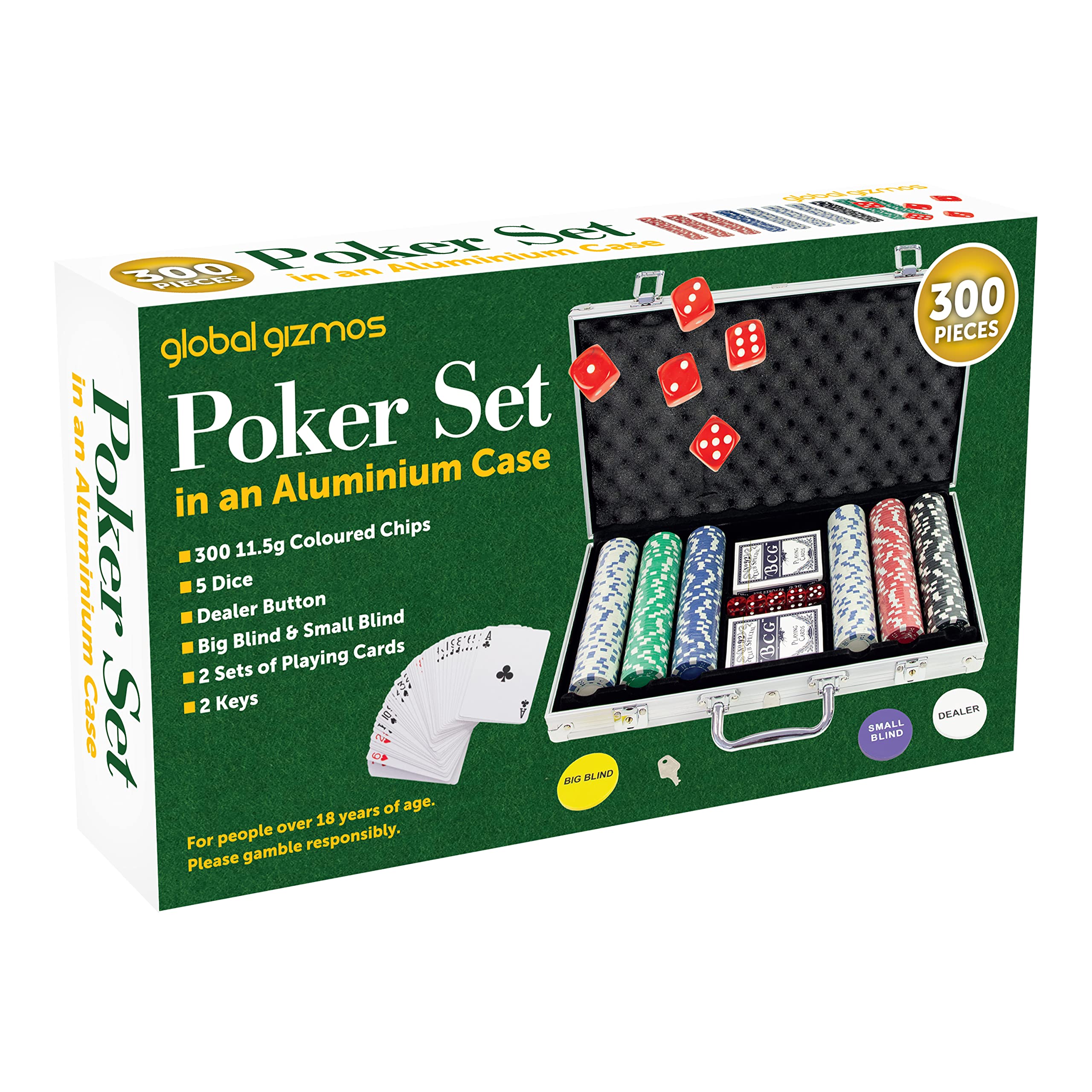 Global Gizmos 50539 300-teiliges Poker-Set/Enthält Chips, Würfel und Karten/Tragbare Tragetasche im Casino-Stil/Spieleabend/Texas Hold'em, Blackjack und mehr, Silber