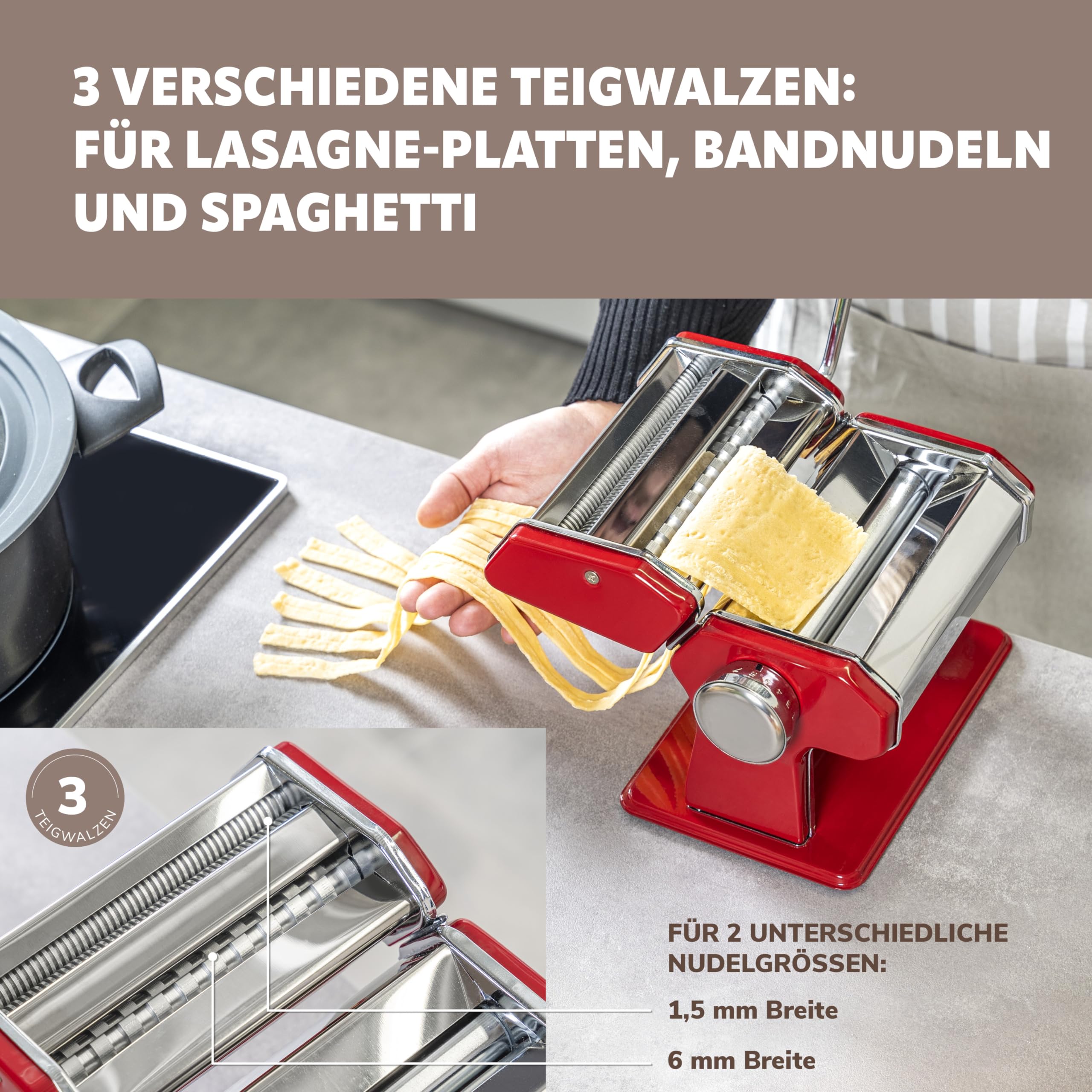 Macchina per la pasta di bremermann - per spaghetti, pasta e lasagne (7 fasi), macchina per la pasta, pastamaker (acciaio/metallo rosso)