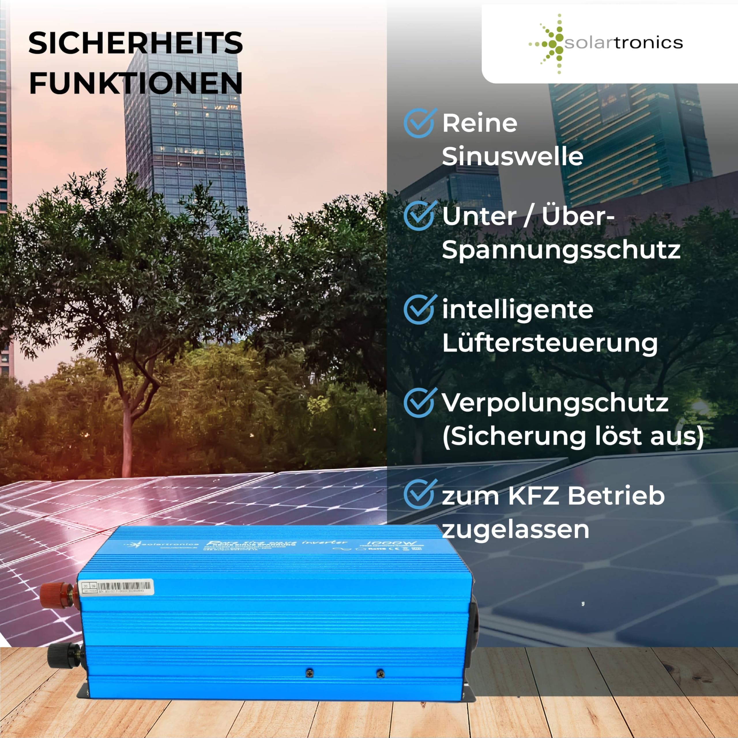 SOLARTRONICS TS1000 Spannungswandler 24V 230V 1000/2000 Watt Reiner Sinus blau Solar Inverter 24V auf 220V Wechselrichter Umrichter USB AC Steckdose
