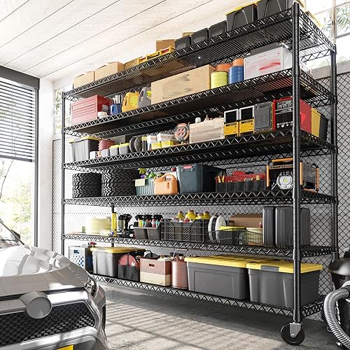 Miniatura 2 de REIBII Estantería de alambre de acero resistente de 82.6 pulgadas de alto x 60 pulgadas de ancho x 17.7 pulgadas de profundidad con ruedas, estantes