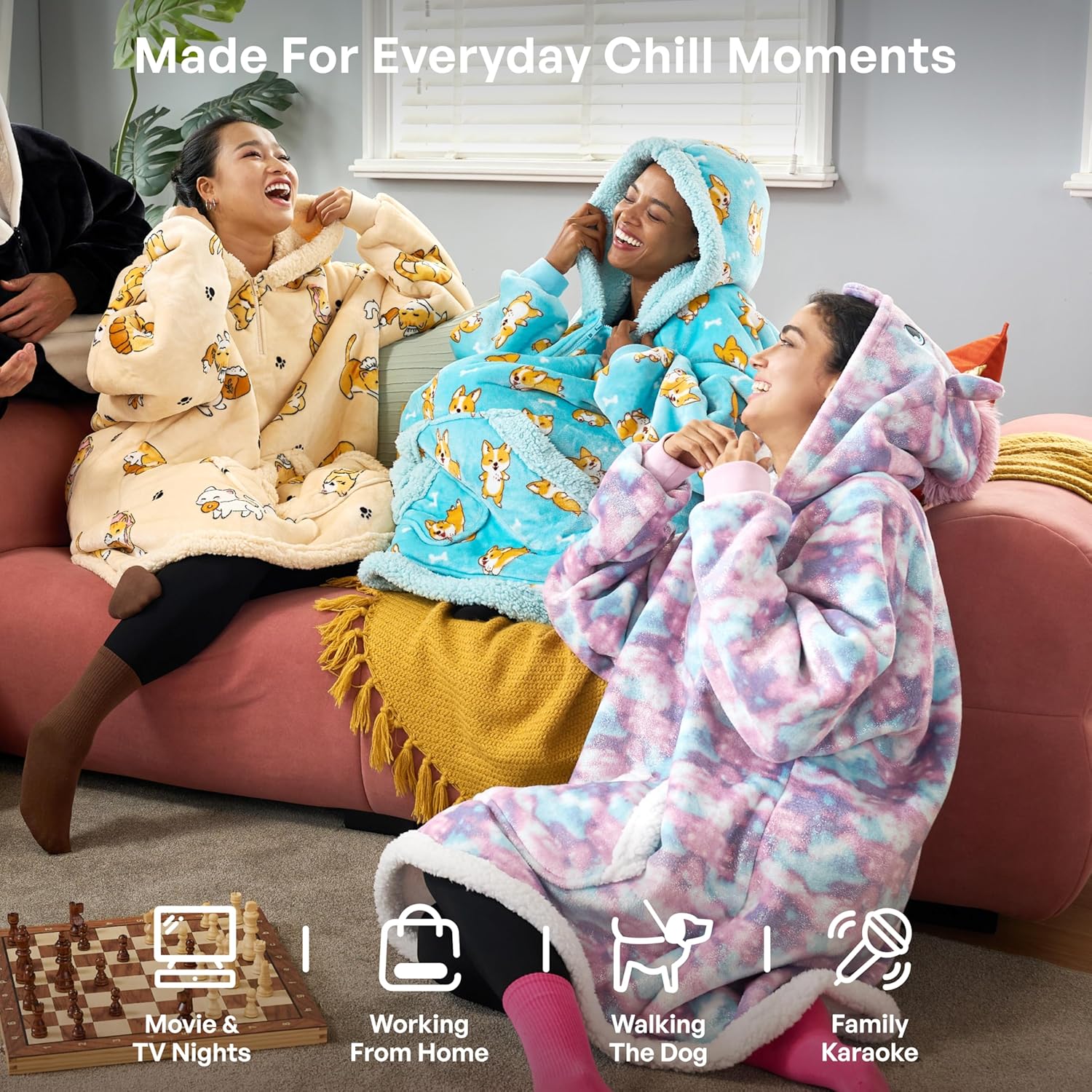 Giggling Getup Wearable Blanket Hoodie for Adults Gifts for Teen Girls Sister Women Sherpa Fleece Printed Hooded Blanket Sweatshirt Warm Cozy with Pocket & Sleeves Blue Corgi - Image 5