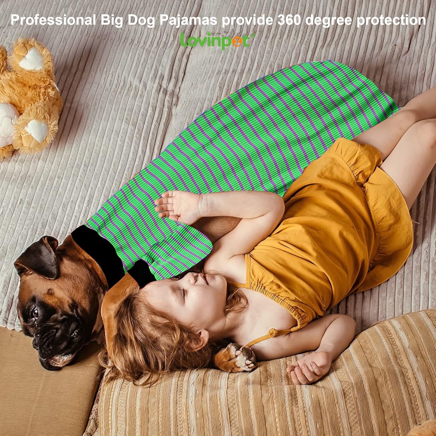 LovinPet Big Pitbull Dog Pajamas, Cotton Green and Grey Stripe Dog Shirt, Stop Shedding for Dogs,Onesies for Dogs, Pet Pajamas for Dogs, Pitbull Clothes, Pet PJ's, 3XL