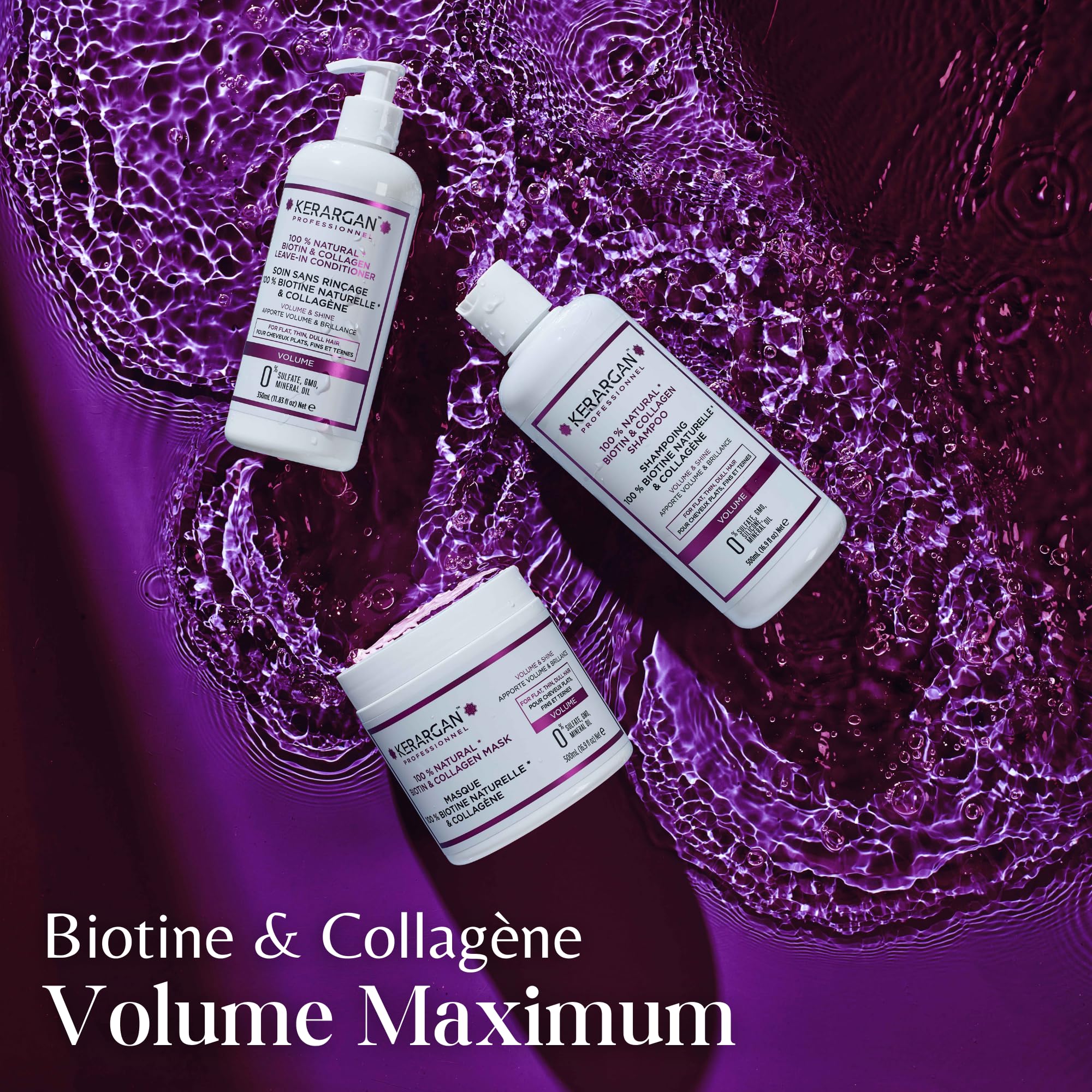 Kerargan - Shampoing Volumisant à la Biotine & Collagène - Pour Cheveux Plats, Fins, Ternes - Fortifiant, Brillant, Hydratant - Sans Sulfate, OGM, Silicone, Huile Minérale - 500ml