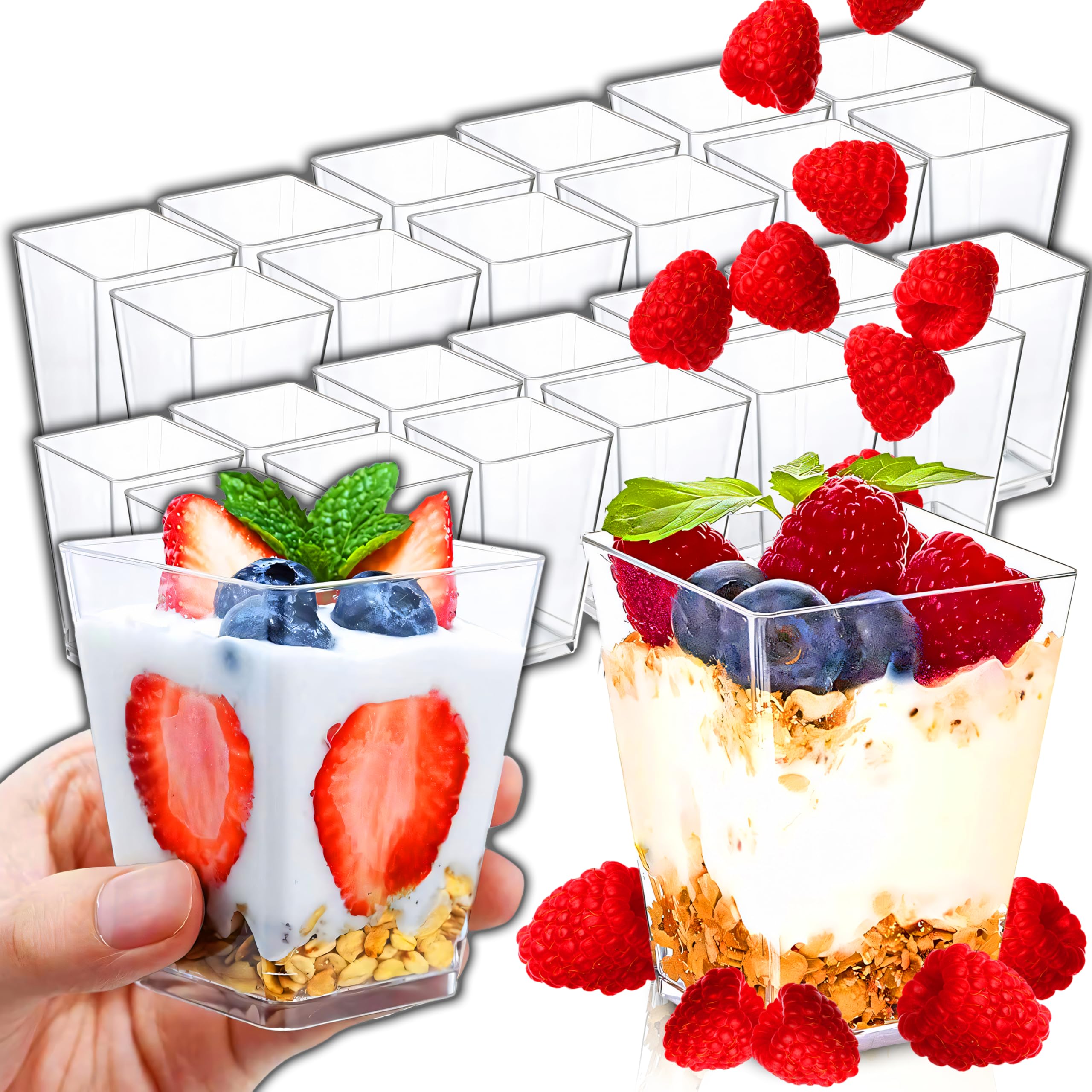 Retoo Desserttassen Set 25 Stück aus 150ml, transparenten Dessertbecher, Wiederverwendbar Quadratischer Desserttassen, leicht zu reinigen, universal Becher für Zuhause Desserts, Pudding, Mousse, Eis