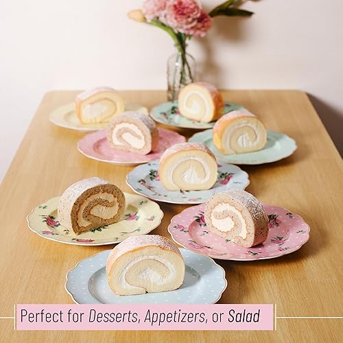 Miniatura 5 de BTaT - Platos florales de porcelana, platos de postre real, 8 pulgadas, juego de 8, platos florales, platos de ensalada, platos pequeños, juego de