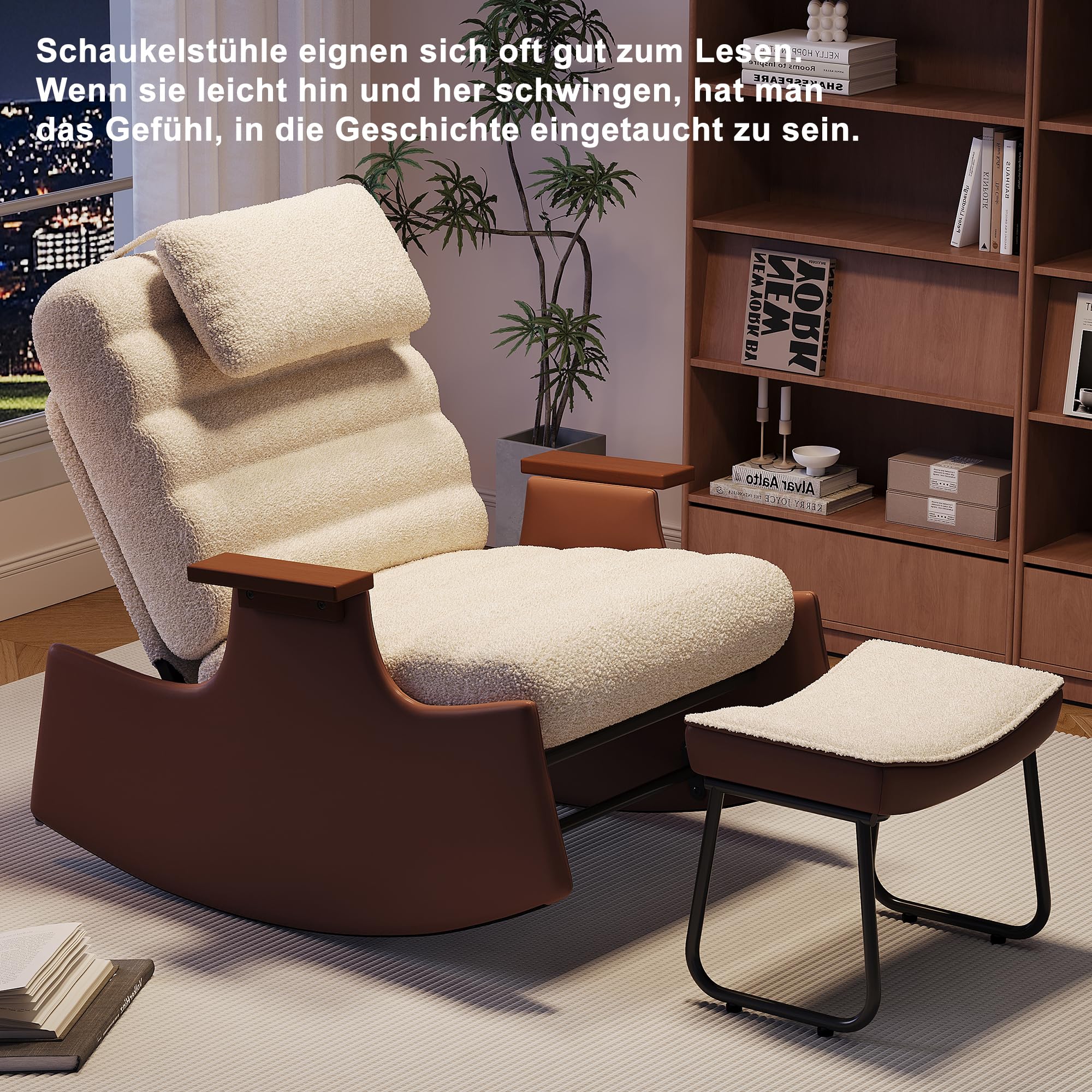 Silla mecedora con reposapiés, silla de relax para sala de estar con reposabrazos de hierro y respaldo ajustable, mecedora con reposapiés, silla silenciosa para dormitorio, jardín, terraza (Bigh-B)
