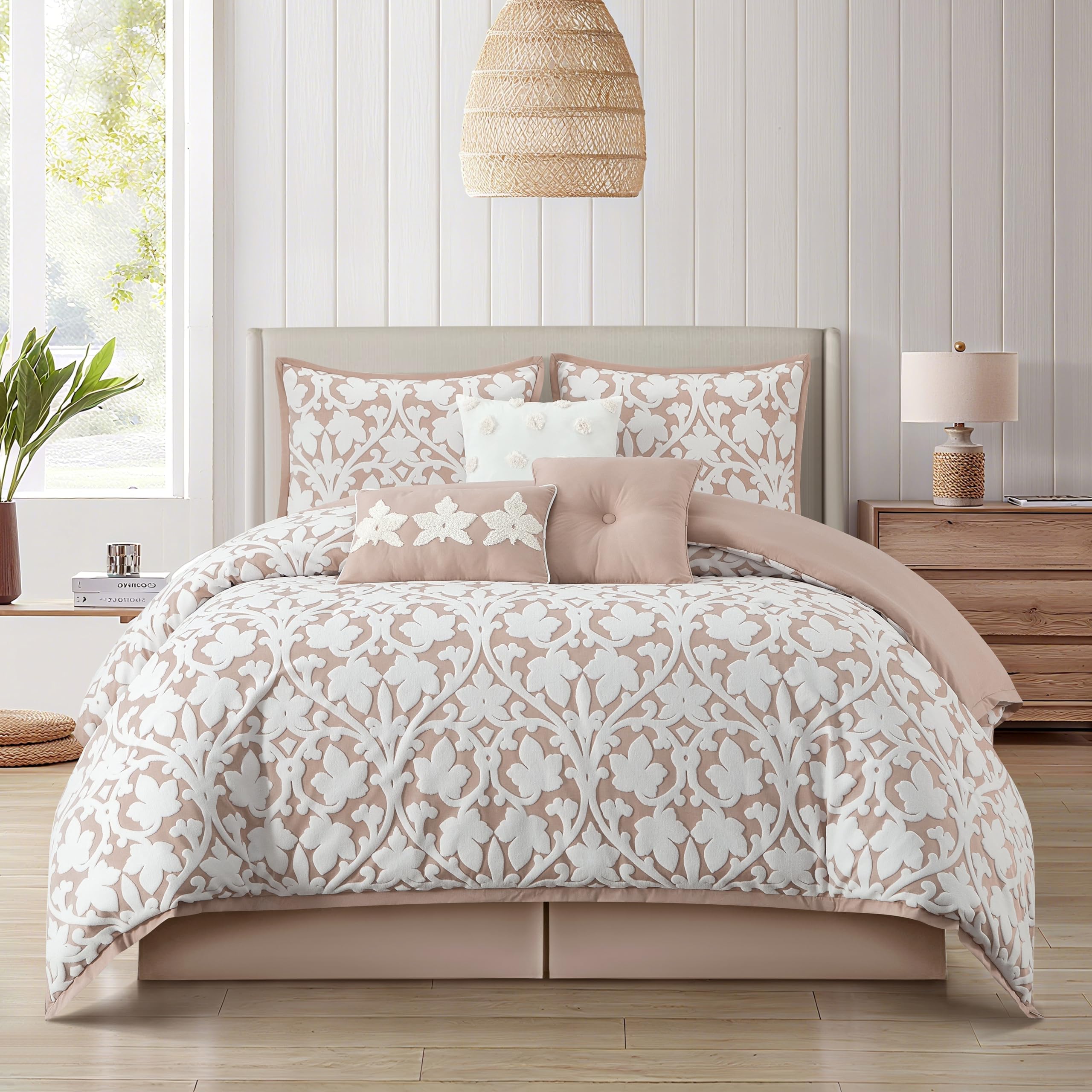 7 Piece Blush Comforter Set, Queen Size Jacquard Bedding Set, All Season Floral Leaves Bedding, Matching Pillows, Shams, Bed Skirt