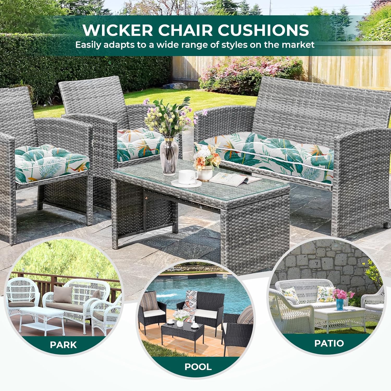 Heavy Duty Outdoor Wicker Chair Cushions 3 Pieces Set with Piping, Waterproof Thickened Patio Wicker Furniture Chair Cushion, 1 Loveseat and 2 U-Shape Wickers Cushions, Yellow-Green Leaves