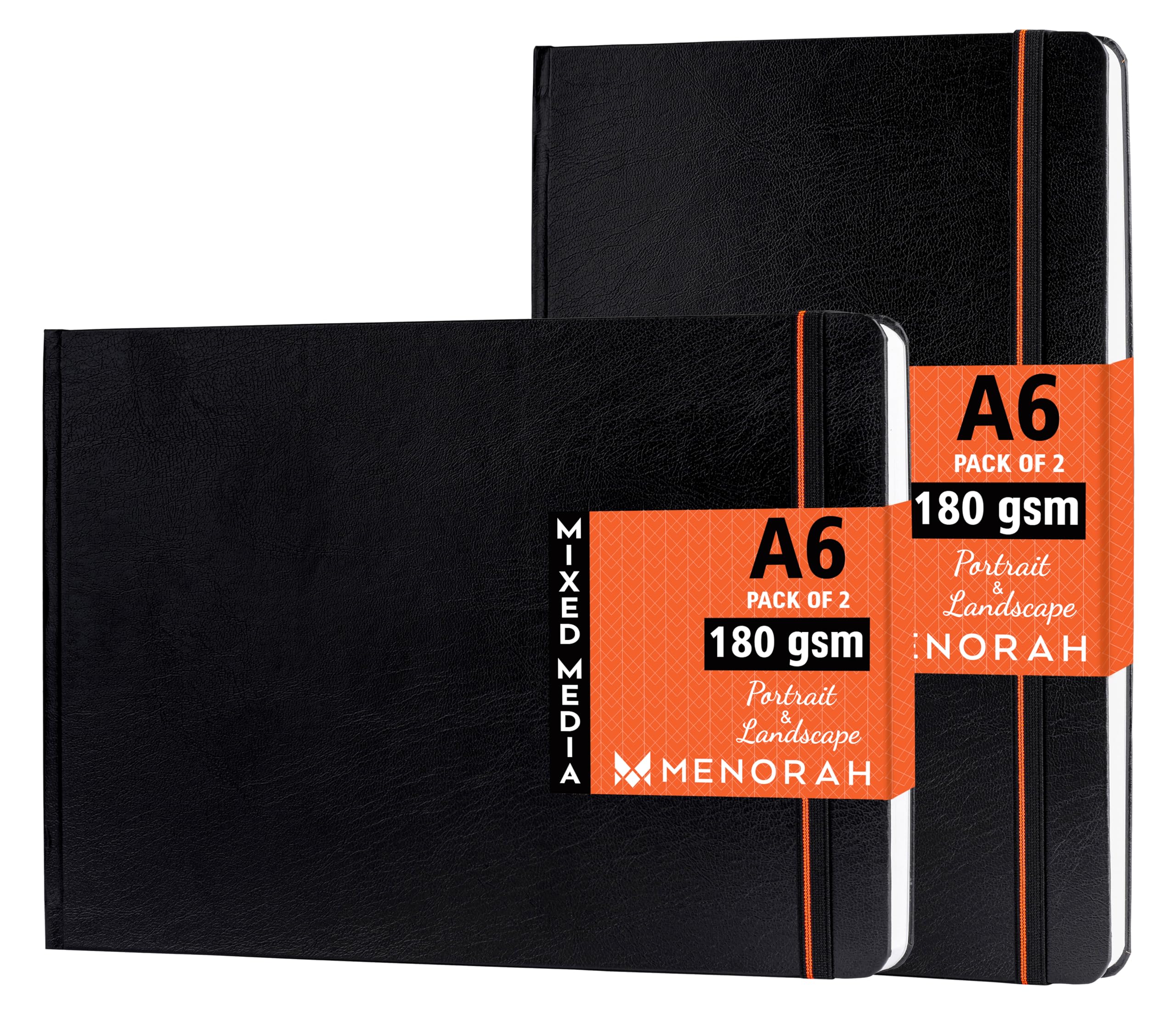 MENORAH - Sketchbooks for Artists-A6-180 GSM-(Pack of 2 Combo)-(100 Pages/50 Sheets)-Drawing Book for Artists-(Landscape 10.5 x 14.8 cm & Portrait 14.8 x 10.5 cm)-Completely Handmade-Combo-Black