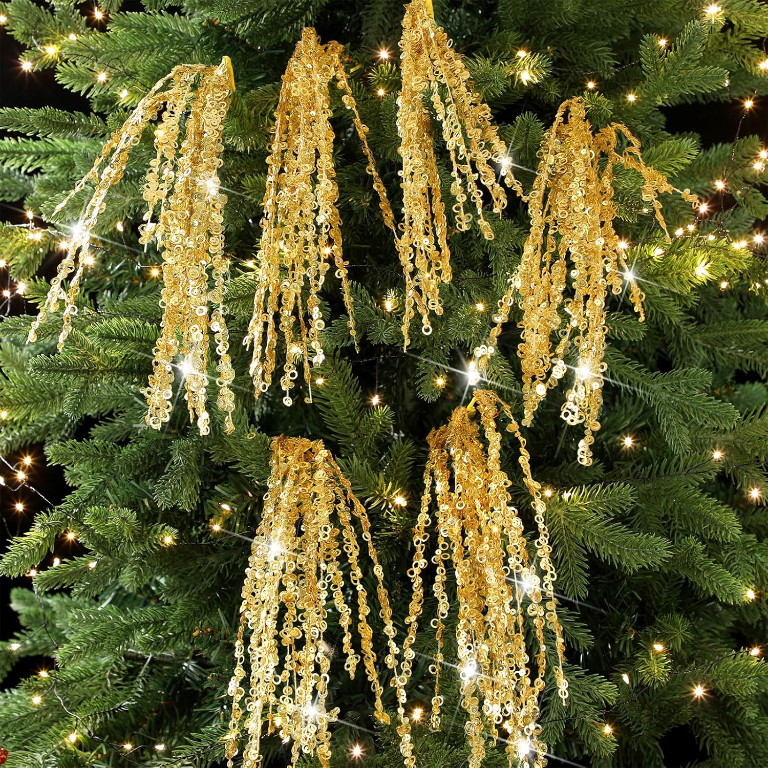 6 Pcs Gold Glitter Christmas Picks and Sprays 23.62 Artificial Sequins Twigs Stems Ornaments Decorative Willow Ting Branches for Xmas Tree DIY Wreath Crafts Tree Topper Vase Filler Decor