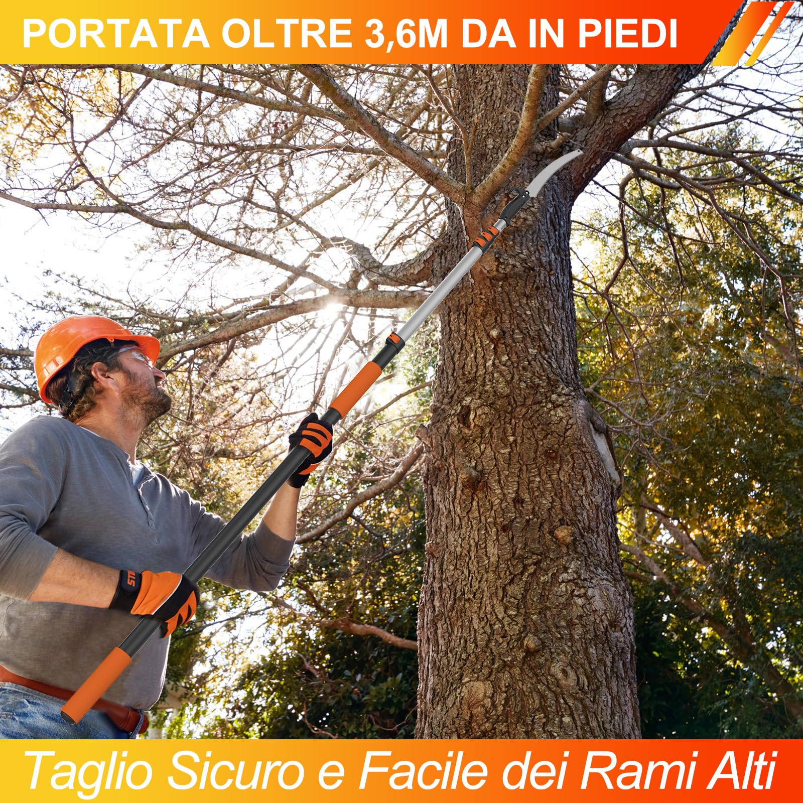 LAANPOLE Sega su Asta 3,6m, Potatore su Asta Telescopica con Asta di Estensione 1-3,6m, Potatore Manuale per Giardino, Arancione