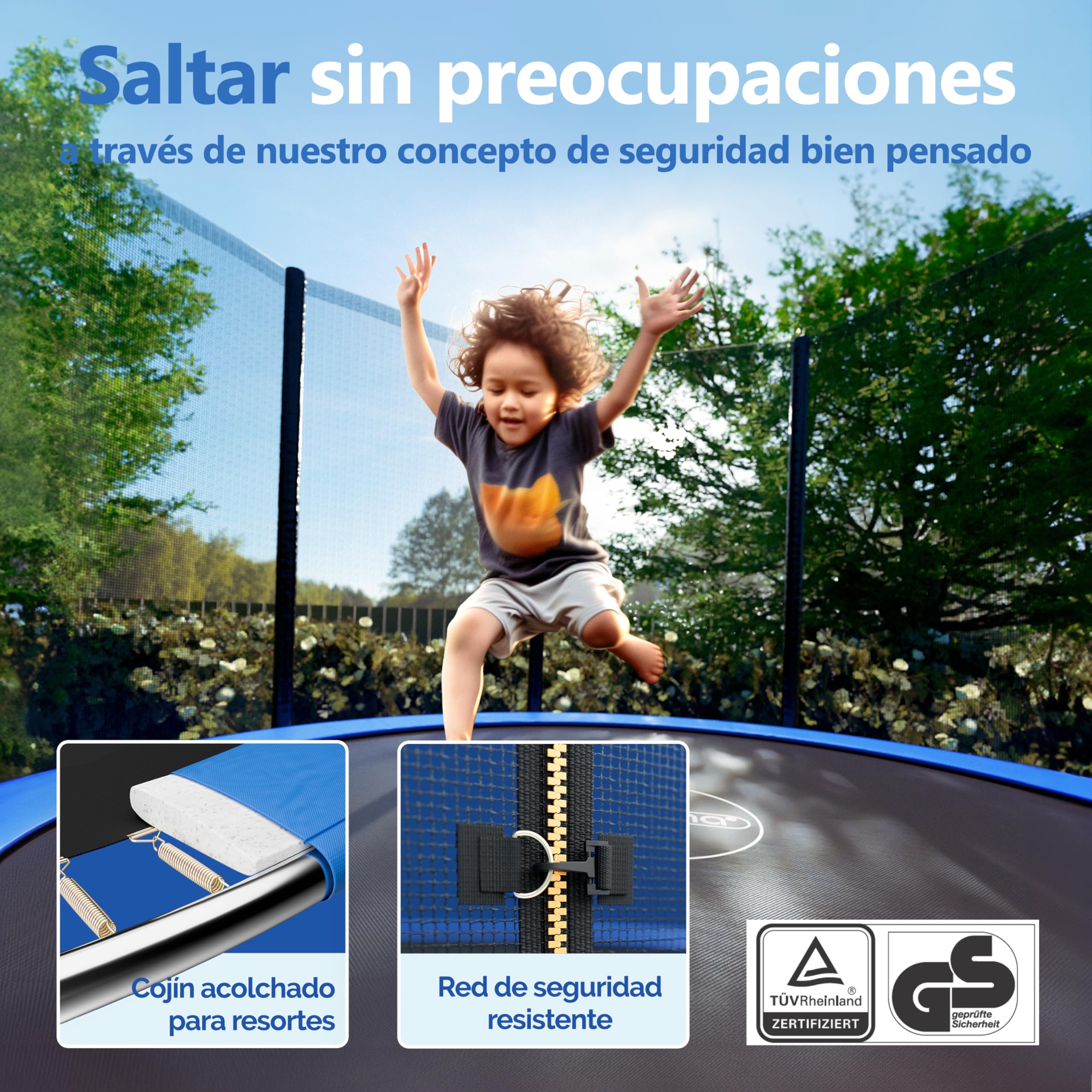 MONZANA® Trampolín Ø 244cm, Cama Elástica, Red de Seguridad, Protectores Bordes, Escalera, Trampolines para Niños, Juguetes Juegos Exterior, Set Completo, Deporte, Jardín, Certificado TÜV Rheinland GS