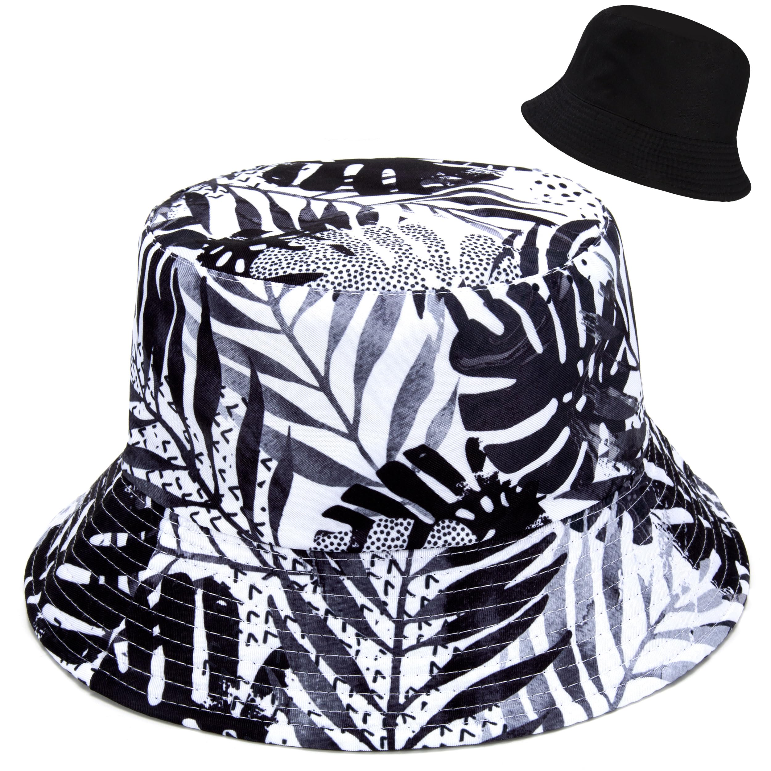 Newellsail Sombrero de Pescador Algodón Plegable Reversible Gorro de Pescador Aire Libre Unisex Sombrero Bucket Hat para Excursionismo Viaje Pescar, Estampado de Árbol de Coco Blanco y Negro (56-58cm)
