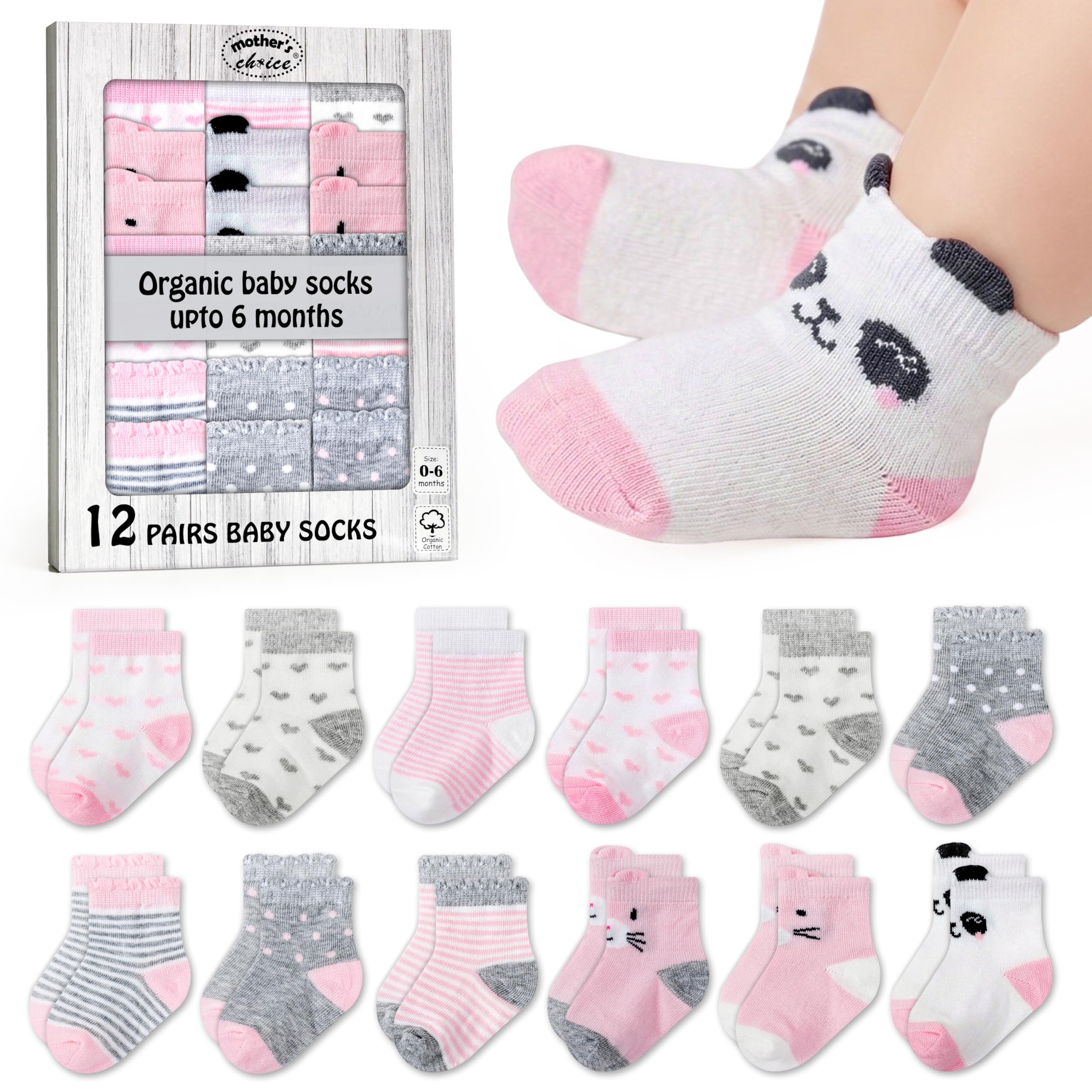 Mother's Choice Baby Socks 0-6 Months - 12 Pairs, Organic Cotton Infant Socks, Unisex, Soft & Hypoallergenic Newborn Socks (UK, Age, 0 Months, 6 Months, White, Pink, Grey)