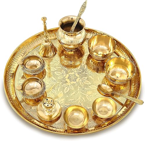 Miniatura 4 de NOBILITY Juego de latón Pooja Thali de 12 pulgadas con plato Pital Puja Kalash Bowl Cuchara Palli Ghanti Kuber Diya Chandan Wati Dhup Dan Arti Thali