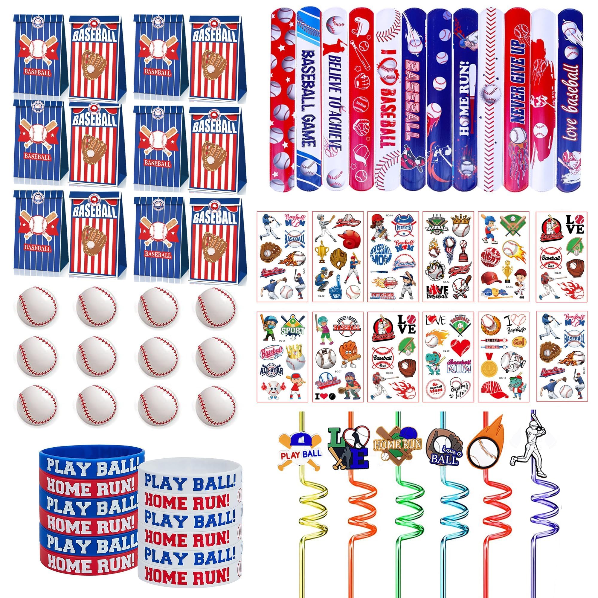 XIPEGPA 72 PCS Baseball Party Favors Set Baseball present Bags Slap Bracelets Straws Silicone Bracelets Tattoo Stickers Mini Baseballs for Goodie Bag