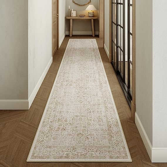 Light Brown Runner Rug 2x10 Hallway Machine Washable Kitchen Vintage Distressed Non Slip Long Carpet Indoor Retro Floral Bedroom Accent Throw Rug for Bathroom Office Laundry Dining Room