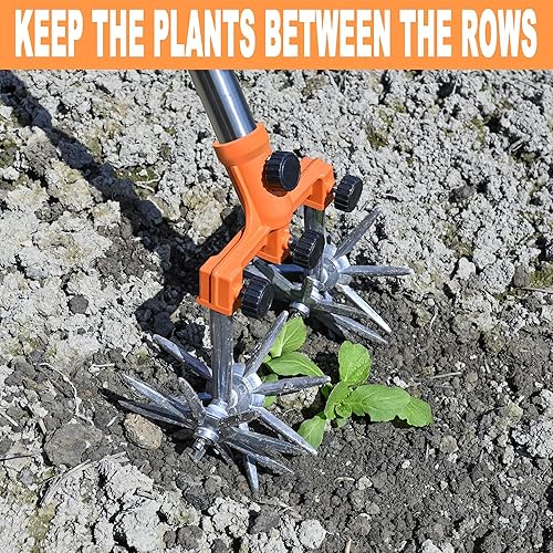 Miniatura 5 de BARAYSTUS Cultivador giratorio para jardín, postes de acero inoxidable ajustables, para mezclar o volver a sembrar césped, longitud total de 57