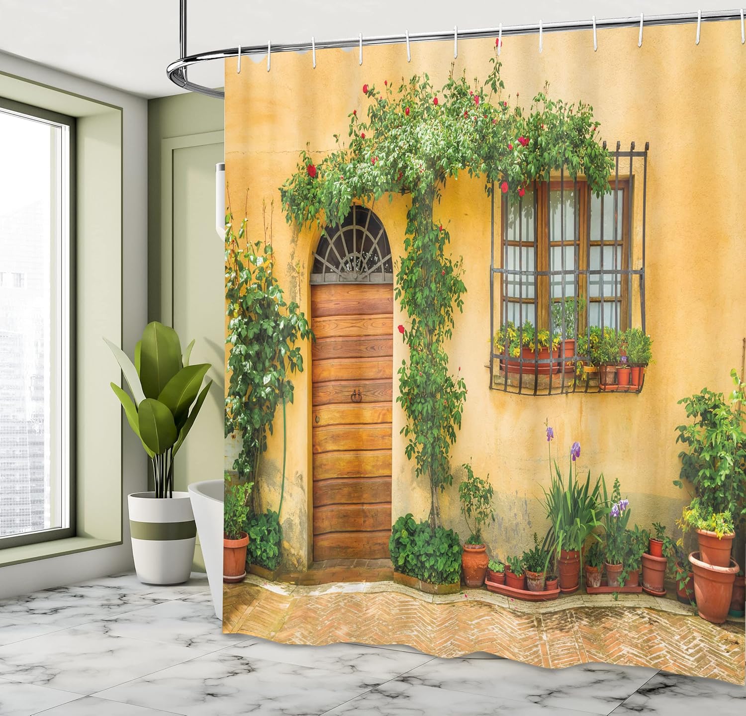 Ambesonne Italy Shower Curtain, Porch Different Flowers Pots Fresh Plants City Life in Tuscany Europe, Cloth Fabric Bathroom Decor Set with Hooks, 69" W x 70" L, Apricot Green Brown