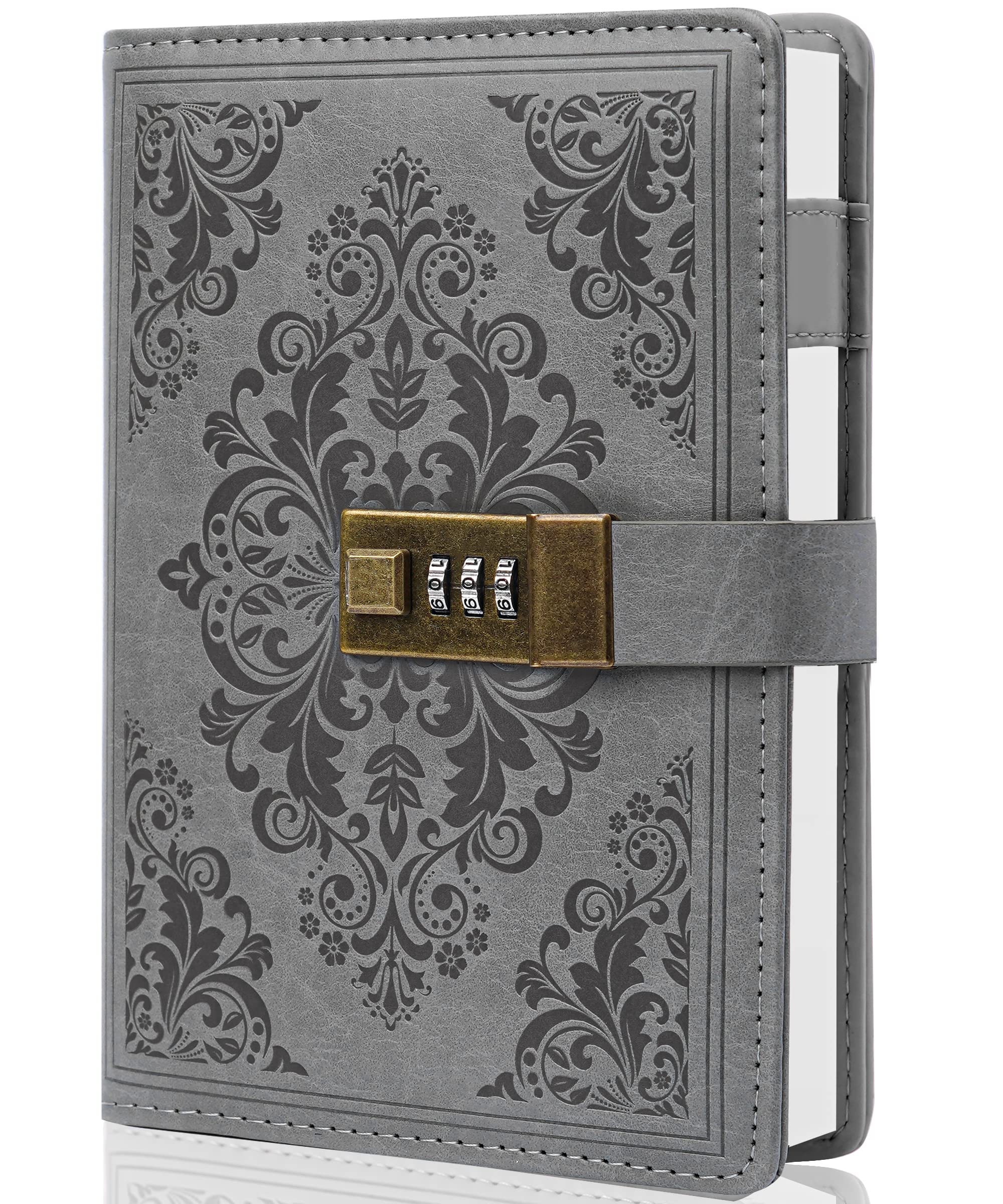 CAGIE Lock Journal for Women Vintage Refillable Diary with Lock 224 Pages Leather Locked Journal for Personal Secrets Writing (Gray)