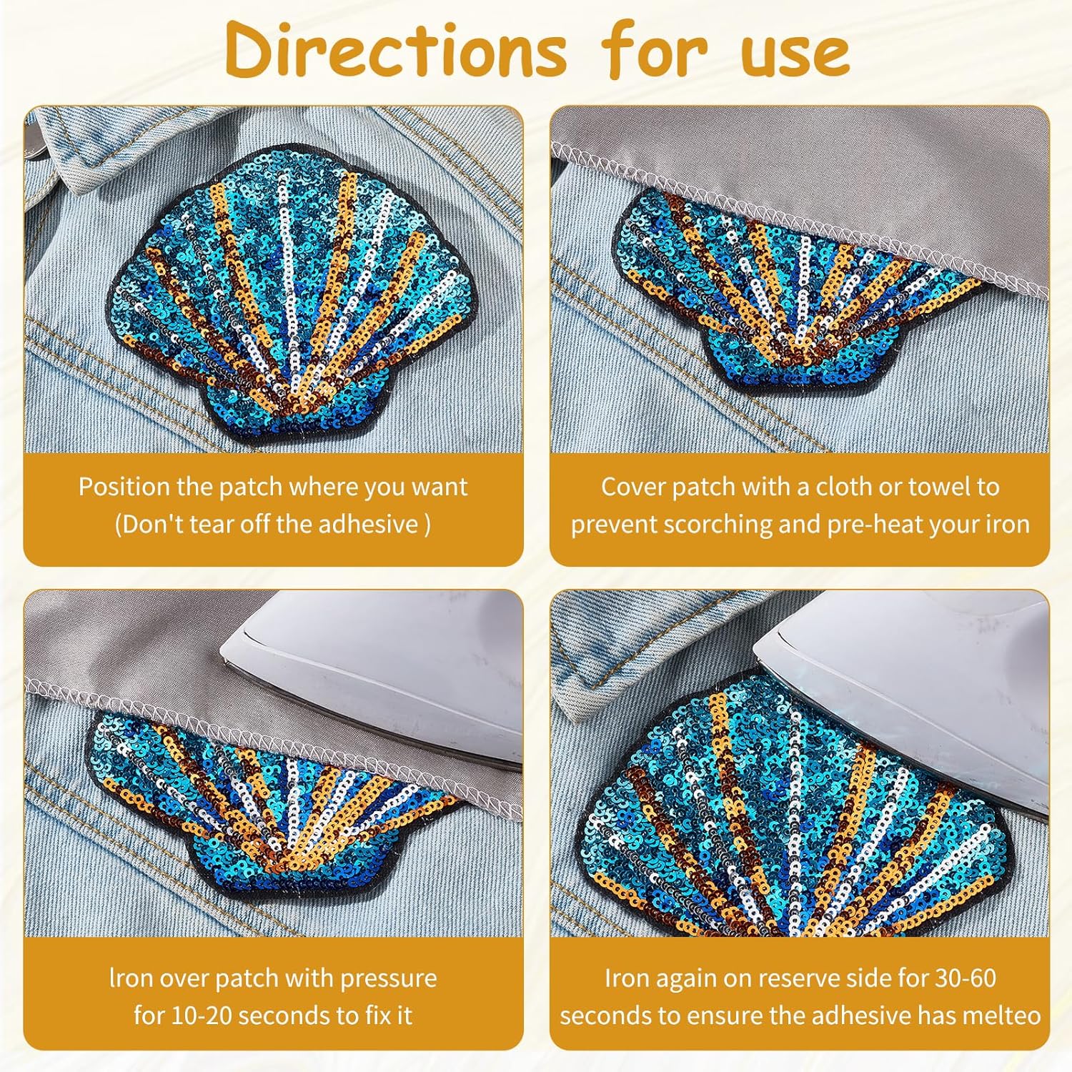 10Pcs Ocean Sequin Iron on Patches, Starfish Shell Embroidered Appliques, Glitter Embroidery Sewing Supply for Clothing Jeans Bags Hats Repair Costume Decoration