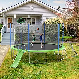 DHHU Trampoline 12FT 14FT 15FT 16FT Foot Trampoline, Adult Trampoline Outdoor, Backyard Trampolines, Large Trampoline for Kids and Adults, Basketball Hoop for Trampoline Outdoor - ASTM Approved