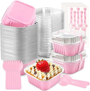 NPLUX 50 Pack Pink 5oz Mini Square Aluminum Foil Cake Pans with Lids & Spoons - Disposable Baking Cups for Parties & Baking