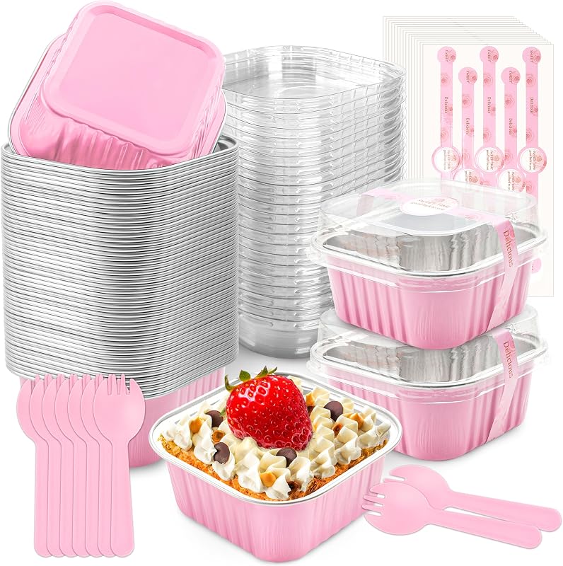 NPLUX Mini Cake Pans with Lids, 50 Pack Pink 5oz for Picnic Desserts | Good for fudge, gelatin desserts, baked custard and cold treats; clear top helps buyers see the finished look.