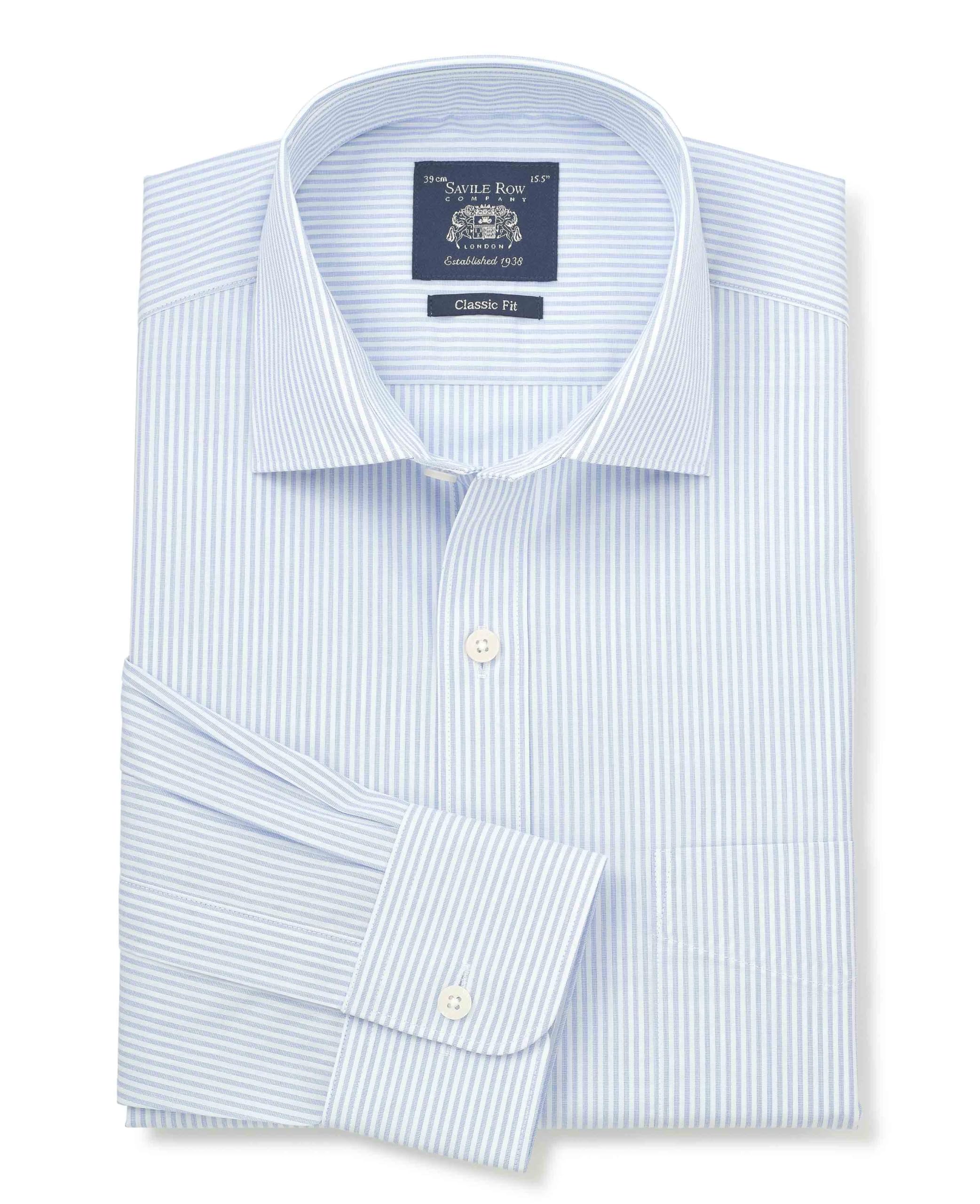 THE SAVILE ROW COMPANY LONDON Men's Classic Fit Cotton Poplin Single Cuff Formal Shirt - White Pale Blue Stripe - 18.5" Collar