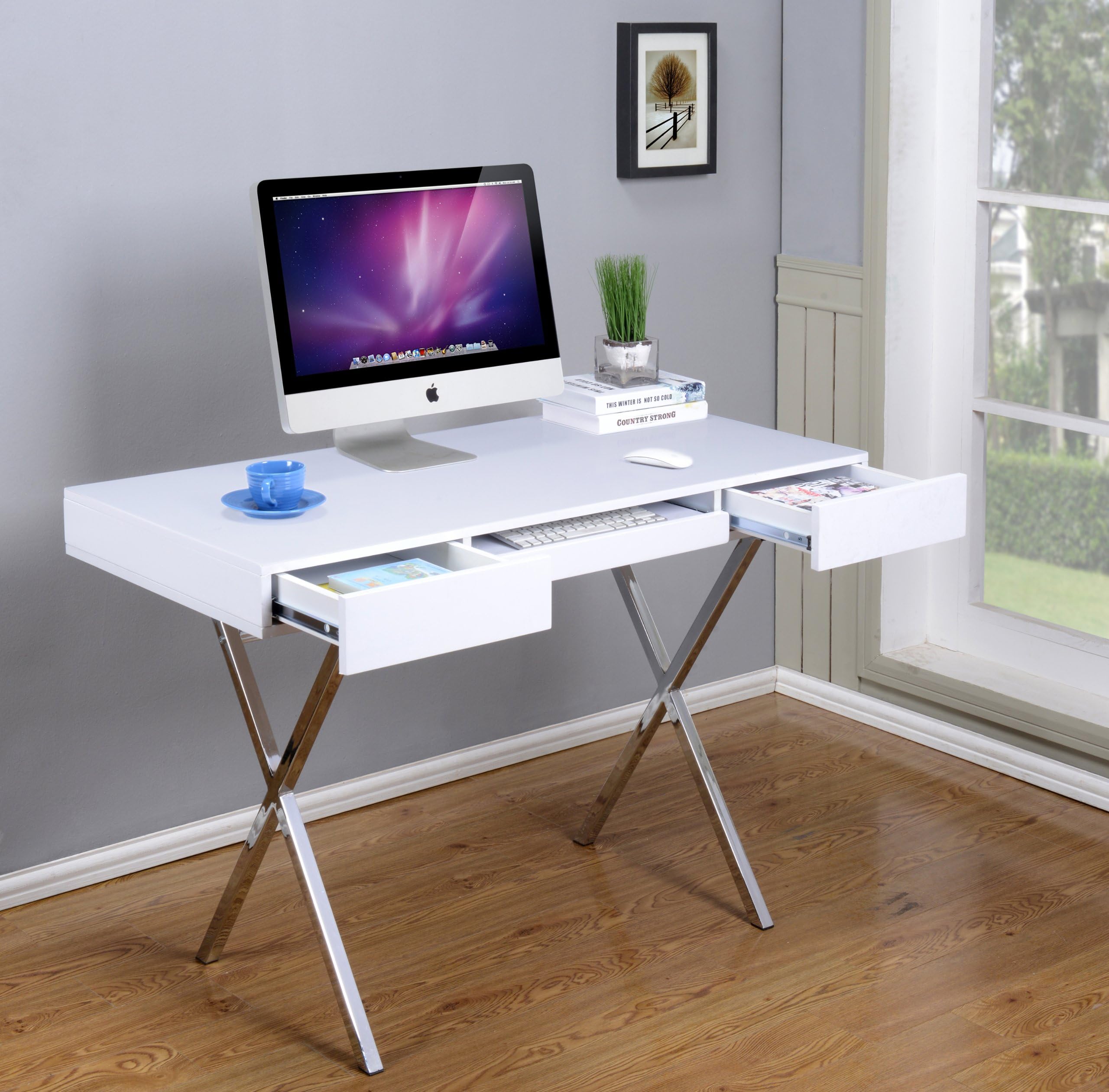 Kings Brand Furniture Contemporary Style Home & Office Desk, White/Chrome