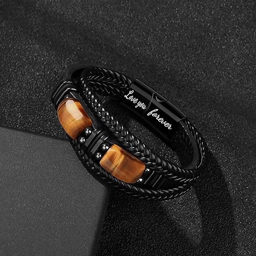 Miniatura 5 de Mens Leather Bracelets for Him Son Birthday Gift for Boyfriend Husband Brother Father's Day Gifts for Dad To My Men Bracelet with 2 Tiger Eyes for